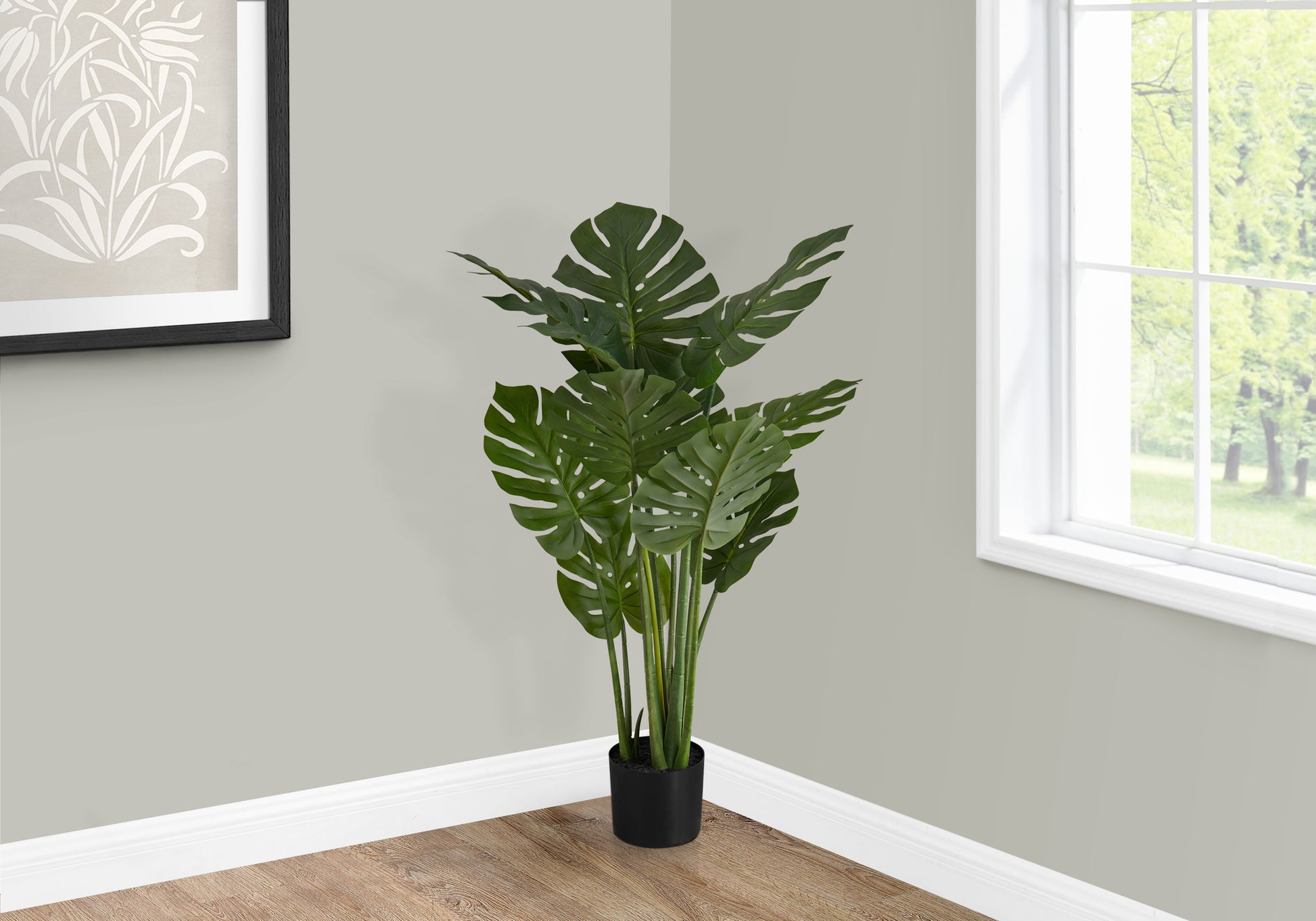 Artificial Plant, 45" Tall, Monstera Tree, Indoor, Faux, Fake, Floor, Greenery, Potted, Real Touch, Decorative, Green Leaves, Black Pot Green Foam Plastic