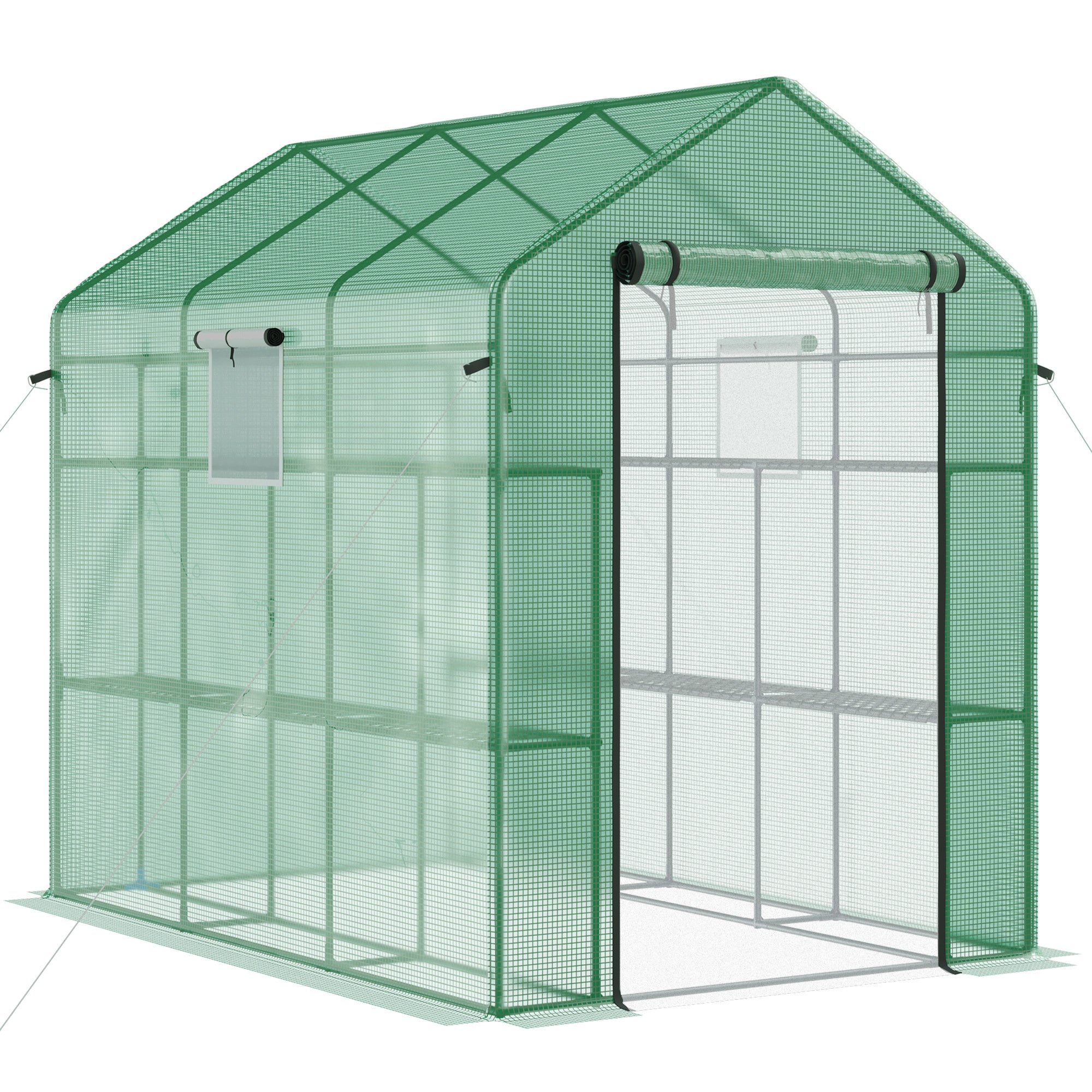 Outsunny 7' X 5' X 6' Walk In Greenhouse With Mesh Door And Windows, 18 Shelf Hot House With Trellis, Plant Labels, Uv Protective For Growing Flowers, Herbs, Vegetables, Saplings, Green Green Steel