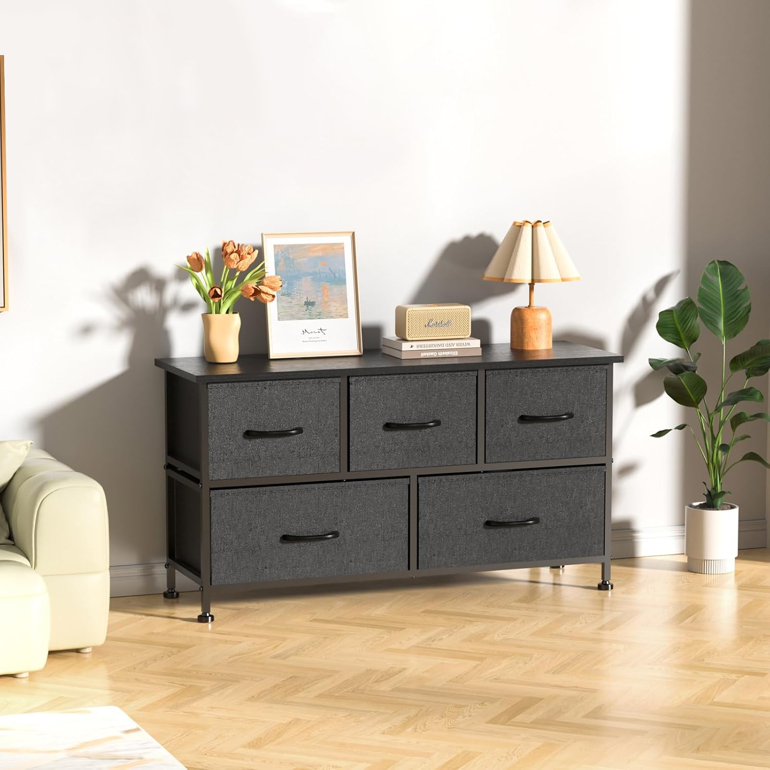 5 Drawers Dresser For Bedroom, Kidsroom Furniture, Wide Chest Of Drawers, Storage Organizer Units With Fabric Bins For Closet, Entryway, Metal Frame, Waterproof Wood Top, Adjustable Feet Black Wood