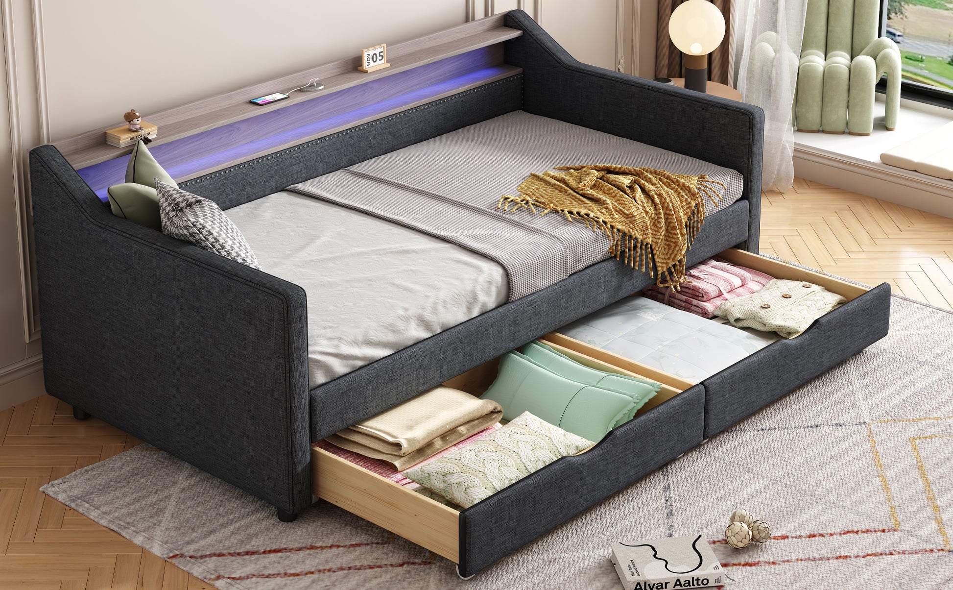 Twin Size Daybed With 2 Storage Drawers And 2 Tier Shelf & Usb Type C Port, Modern Linen Upholstered Sofa Day Bed Frame With Smart Led Light For Livingroom, Apartment, Dark Grey Box Spring Not