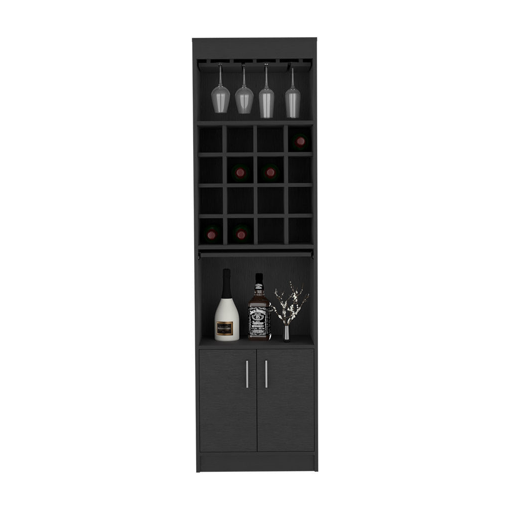 Bar Double Door Cabinet, Sixteen Built In Wine Rack, Concealable Serving Tray, One Shelf, Black Black Solid Wood Mdf Engineered Wood