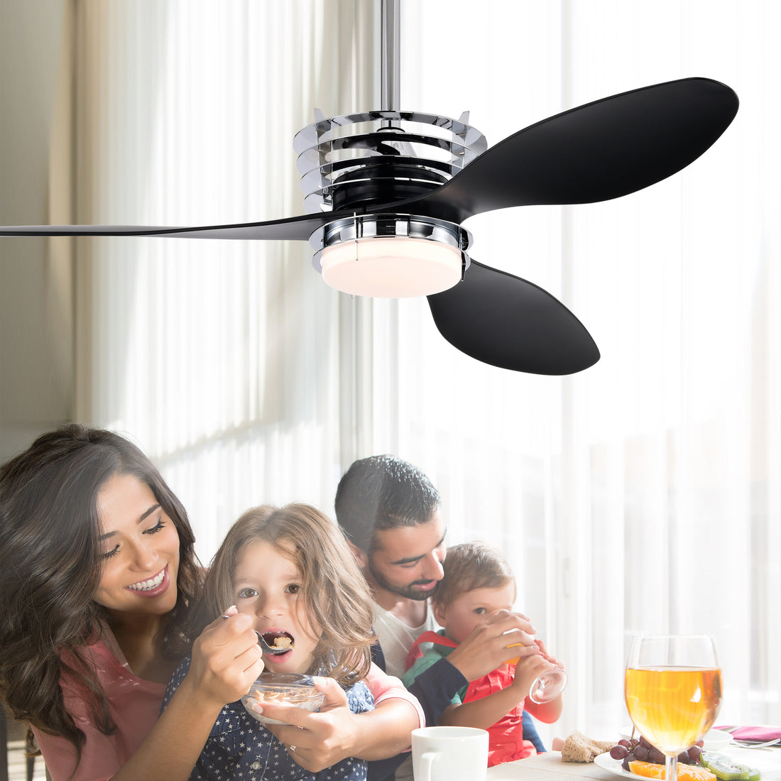 52'' Abs Blades Ceiling Fan With Lights And Dc Remote, Dc Motor Modern Ceiling Fan With 3 Abs Fan Blades & 2 Down Rods, Indoor Ceiling Fan With Light For Bedroom,Living Room Chrome American Design Abs Metal