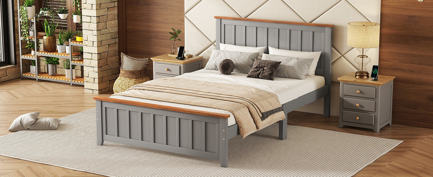 Full Size Wood Platform Bed Wooden Slat Support, Vintage Simple Bed Frame With Rectangular Headboard And Footboard, Grey Box Spring Not Required Full Grey Wood