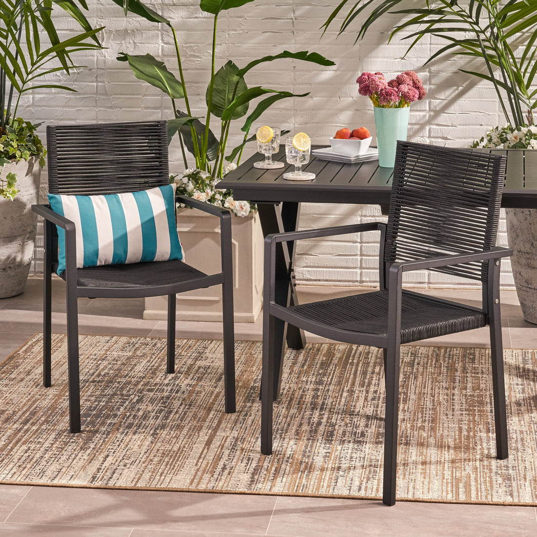 Outdoor Modern Aluminum Dining Chair With Rope Seat Set Of 2 , Dark Gray And Black Black Aluminium