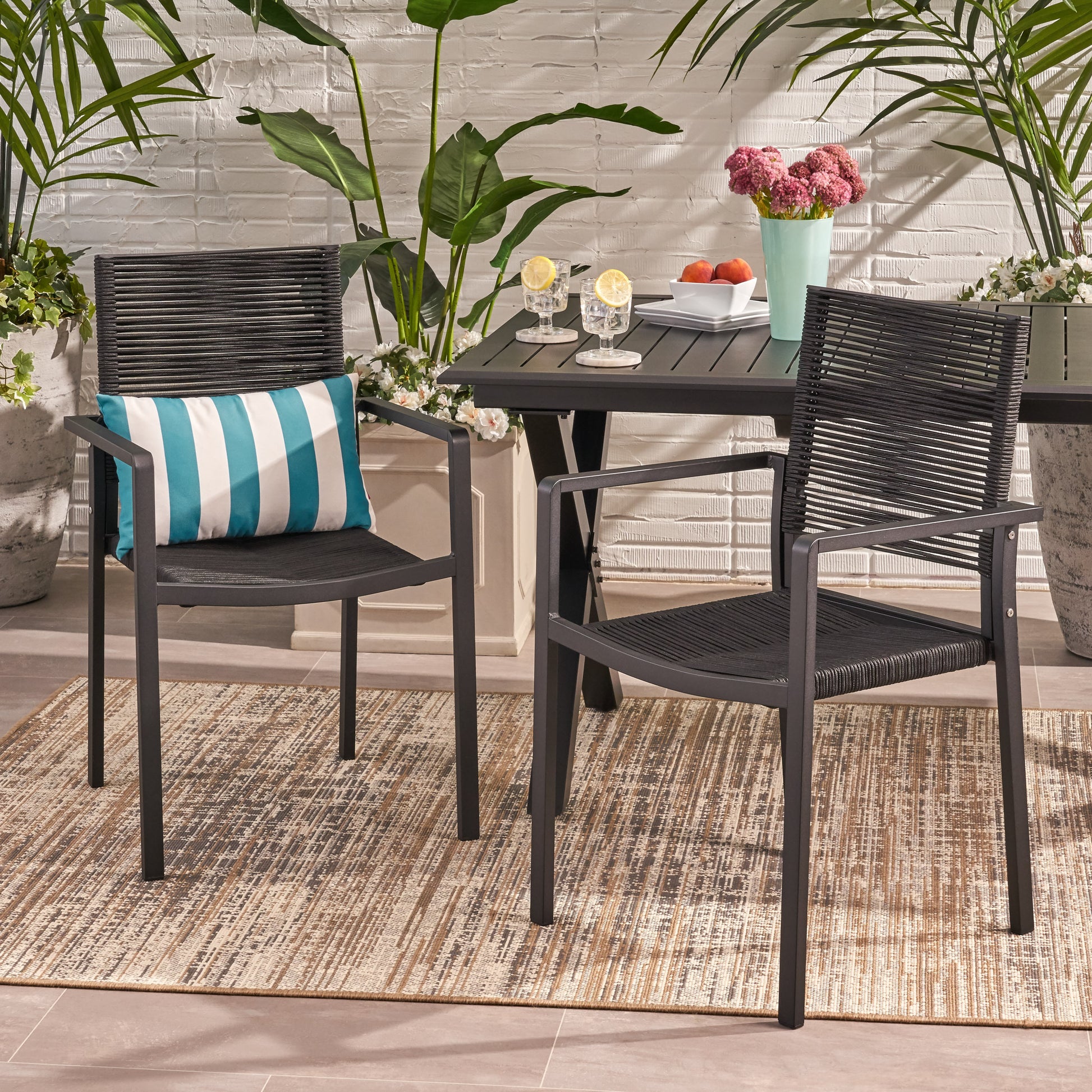 Outdoor Modern Aluminum Dining Chair With Rope Seat Set Of 2 , Dark Gray And Black Black Aluminium