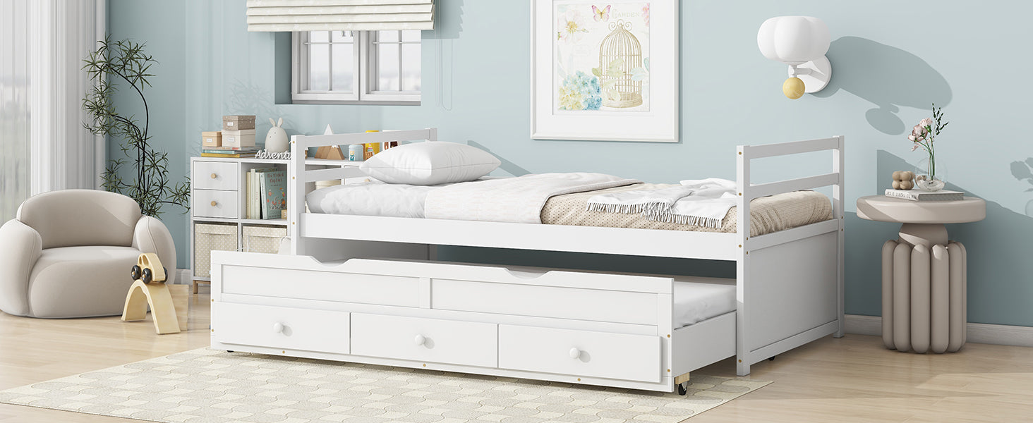 Twin Size Bed With Headboard, Footboard, Trundle And Three Storage Drawers, Twin Size Pine Wood Bed With Headboard, Footboard,White Twin White Pine