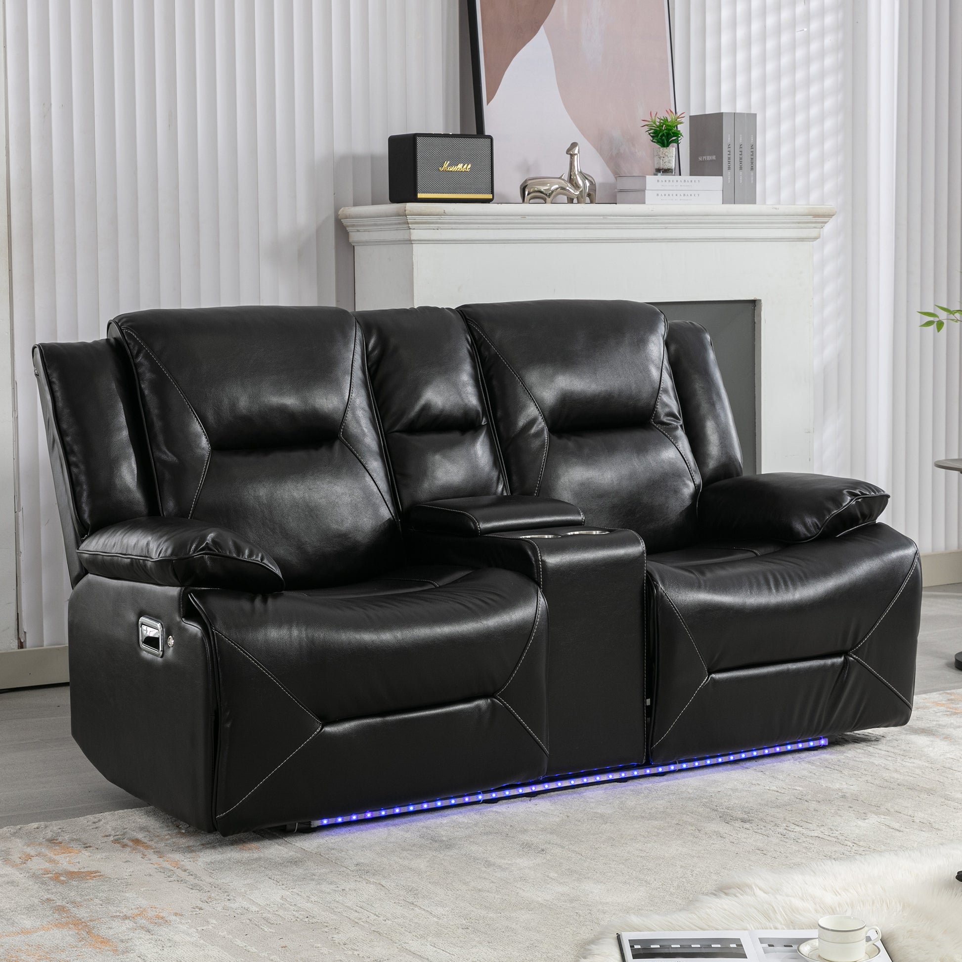 2 Seater Home Theater Recliner Manual Recliner Chair With A Led Light Strip Two Cup Holders And A Storage Box For Living Room,Bedroom, Black Black Foam Pu