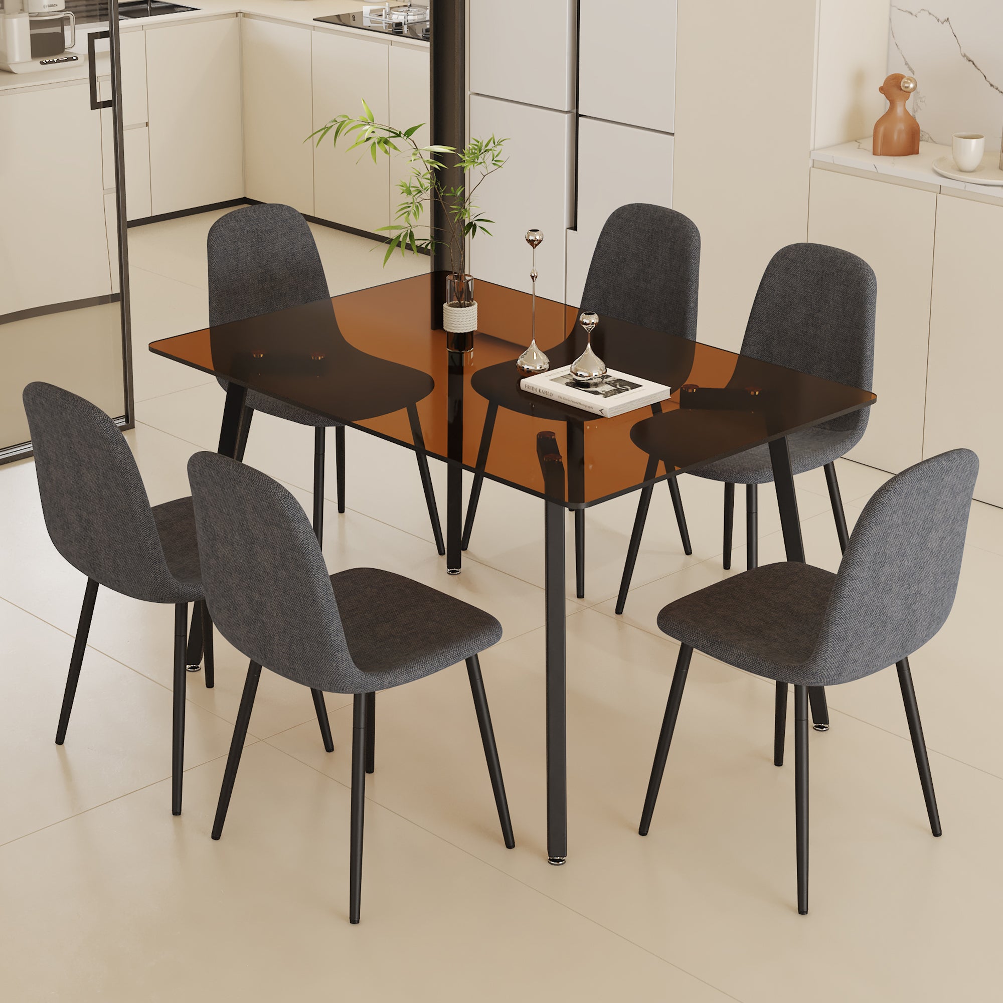 Table And Chair Set.Large Modern Rectangular Table With Brown Glass Top And Silver Metal Legs. Paired With 6 Dark Gray Chairs With Soft Linen Fabric Cushions And Black Metal Legs. Dark Gray,Silver Seats 6 Glass Metal