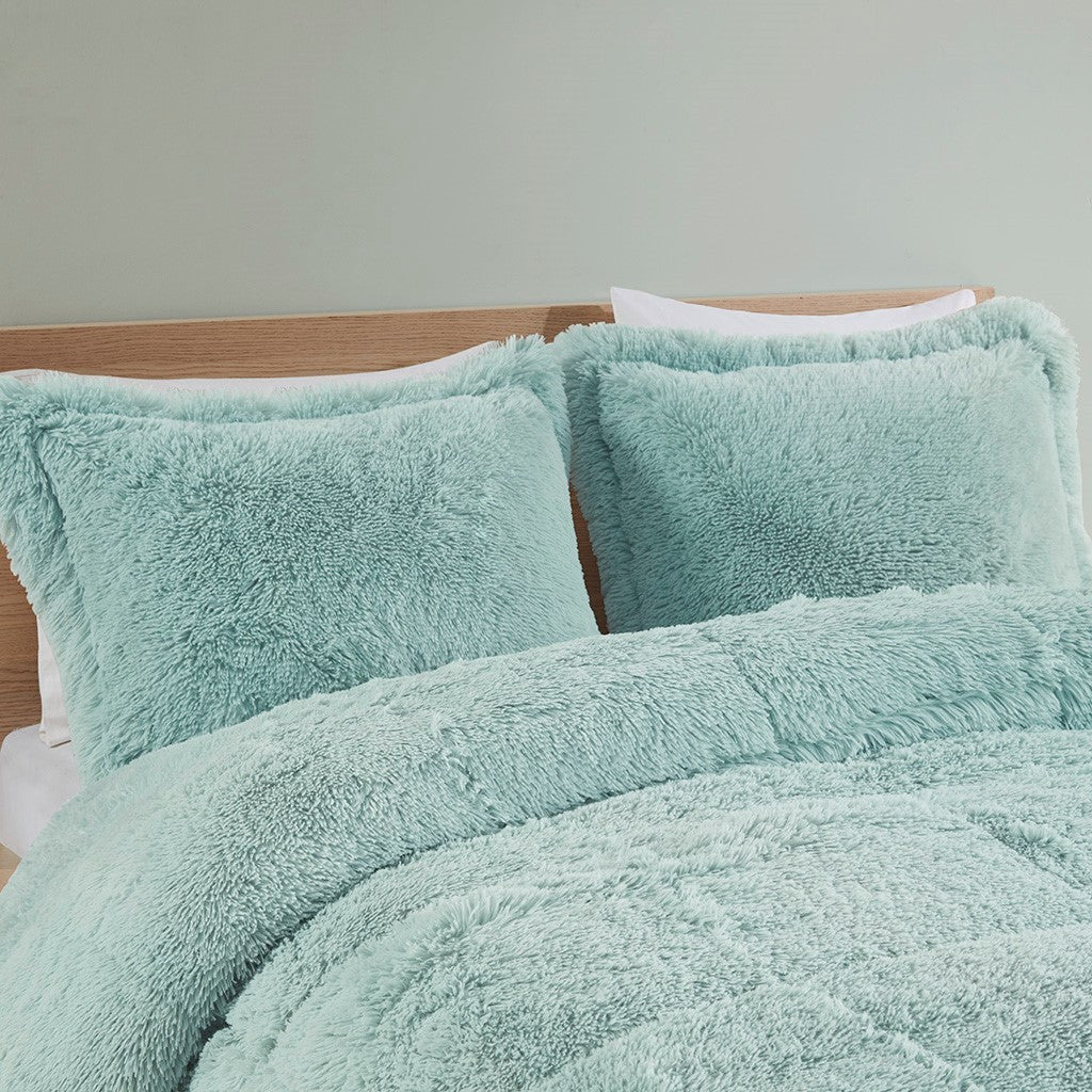 Shaggy Long Fur Comforter Mini Set King Blue Polyester