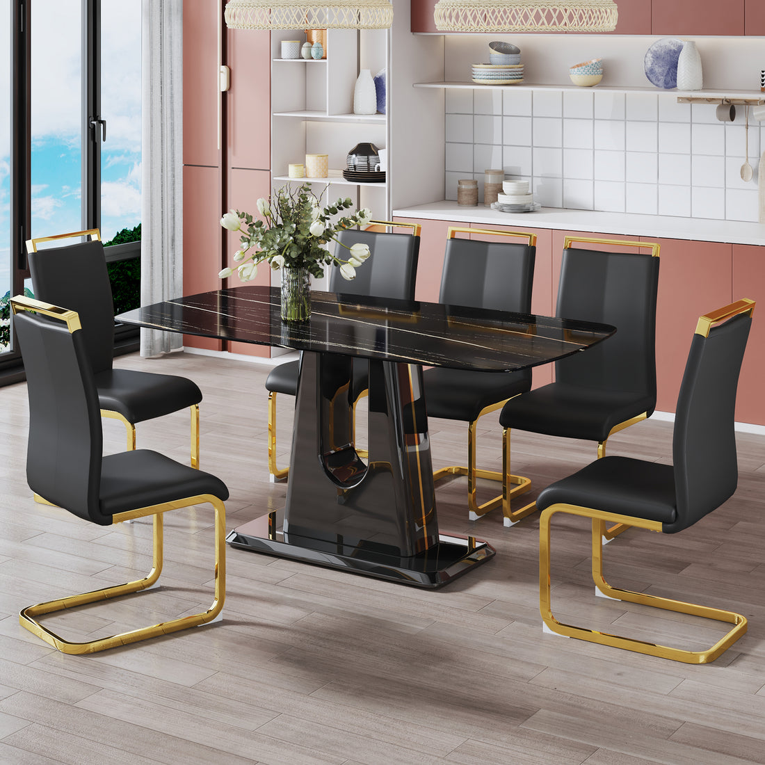 1 Table And 6 Chairs. Modern, Simple And Luxurious Black Imitation Marble Rectangular Dining Table And Desk With 6 Black Pu Gold Plated Leg Chairs 63'' X 35.4'' X 30'' Black Mdf