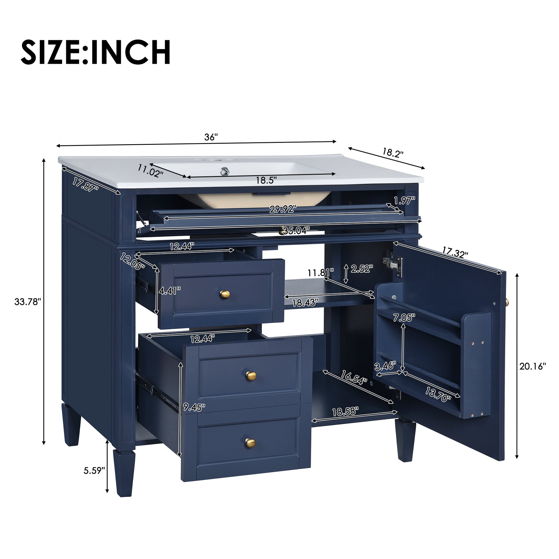 36'' Bathroom Vanity With Top Sink, Modern Bathroom Storage Cabinet With 2 Drawers And A Tip Out Drawer, Single Sink Bathroom Vanity Blue Bathroom Solid Wood Mdf Ceramic,Solid Wood Mdf