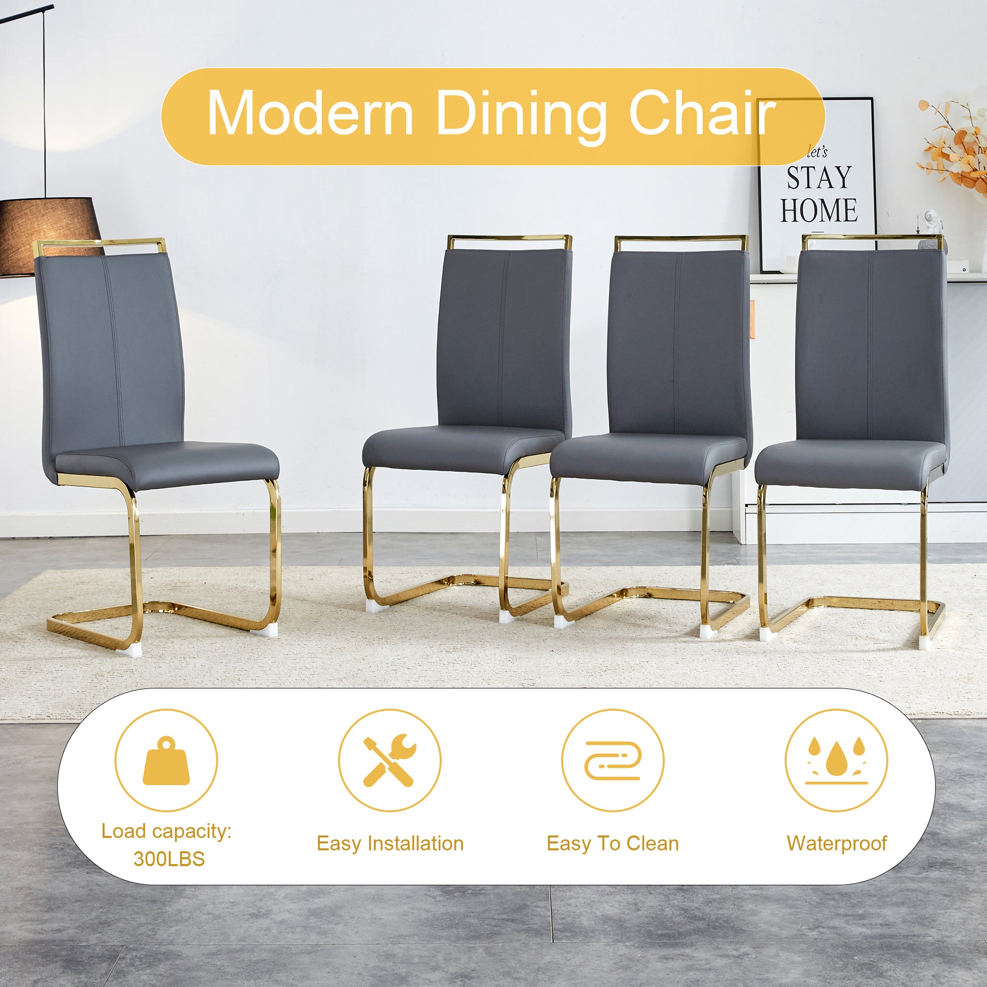 Table And Chair Set.67"X36" White Marble Pattern Mdf Dining Table Set With 6 Dark Gray Pu Chairs.Mdf Sticker,White Marble Pattern Sticker,Gold C Tube Chair Legs,Suitable For Kitchen,Dining Room,Etc.