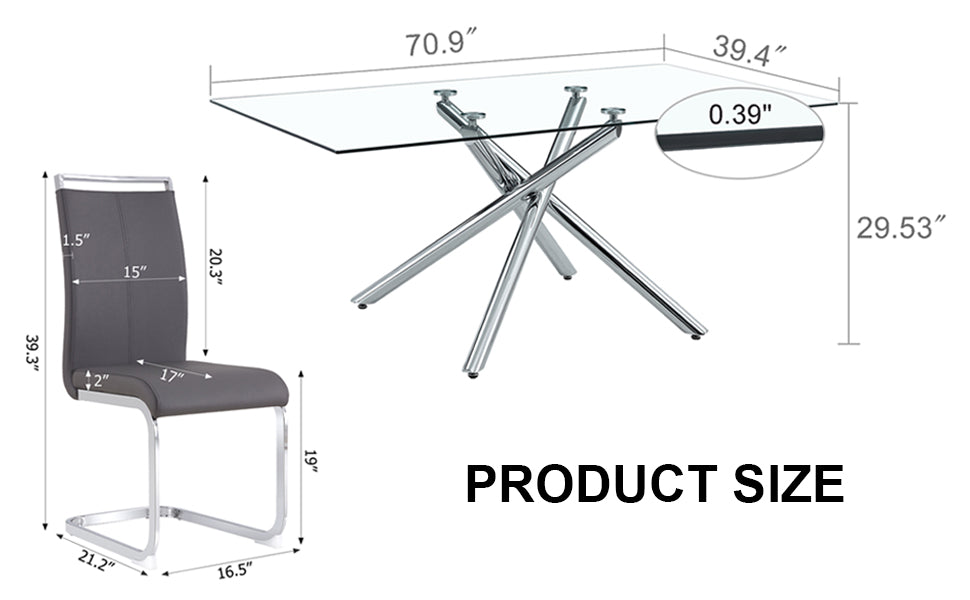 Table And Chair Set.Modern Luxurious Transparent Tempered Glass Dining Table Set.Paried With 6 Dark Gray Chairs With Pu Cushion And Silver C Tube Metal Legs. Dark Gray,Transparent Seats 6 Glass