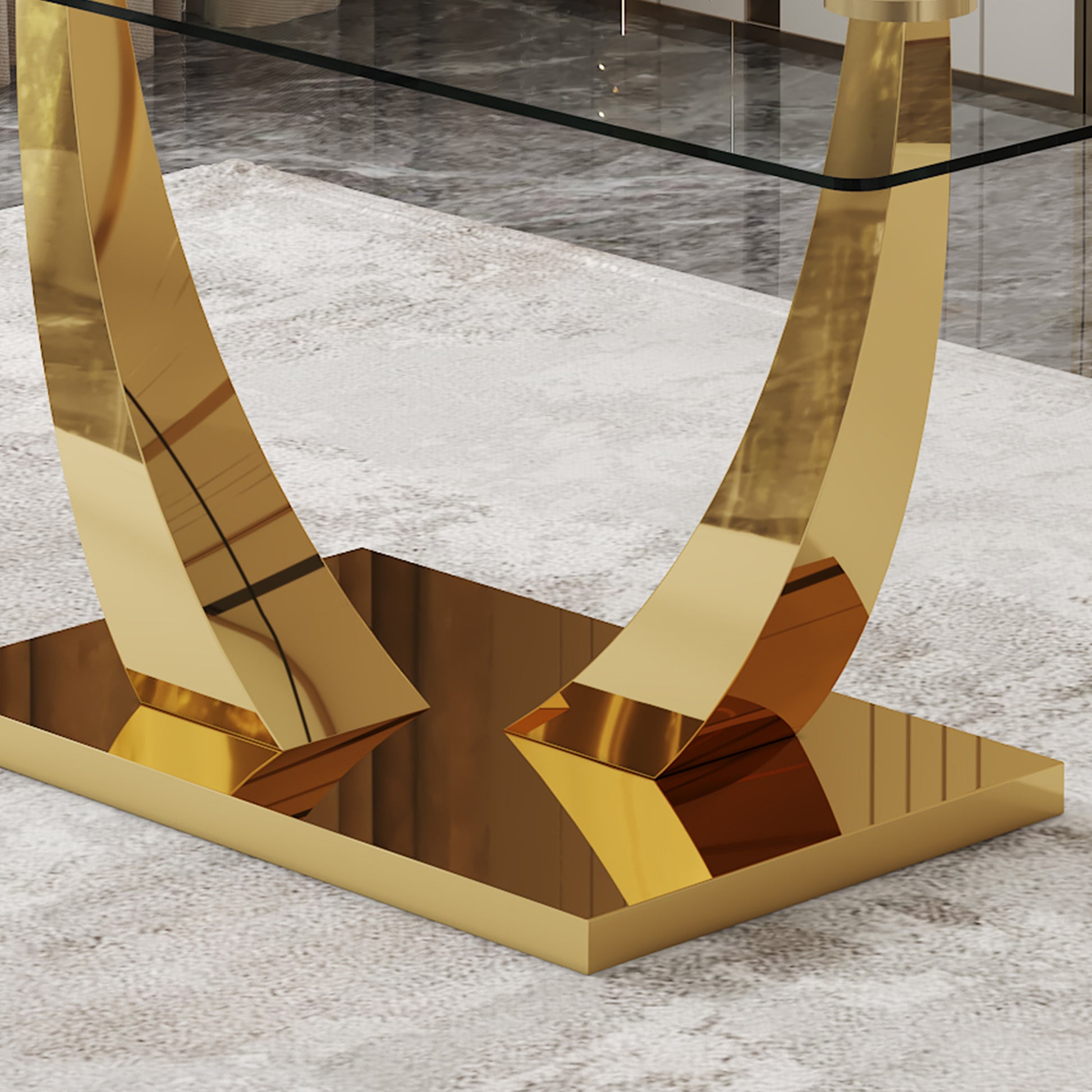 Table And Chair Set.Modern Rectangular Dining Table With Transparent Tempered Glass Tabletop And Gold Plated Metal Legs.Paried With 6 Comfortable Chairs With Pu Seats And Golden Metal Legs. Grey Gold,Transparent Seats 6 Glass Metal