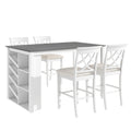 Updated Counter Height 5 Piece Solid Wood Dining Table Set, 59*35.4Inch Table With Curved Wine Rack And 4 Upholstered Chairs, White Wood Dining Room Solid Wood Rubberwood Rectangular Dining Table With Chair Wood Wood White Solid Back Seats 4 Farmhouse 4