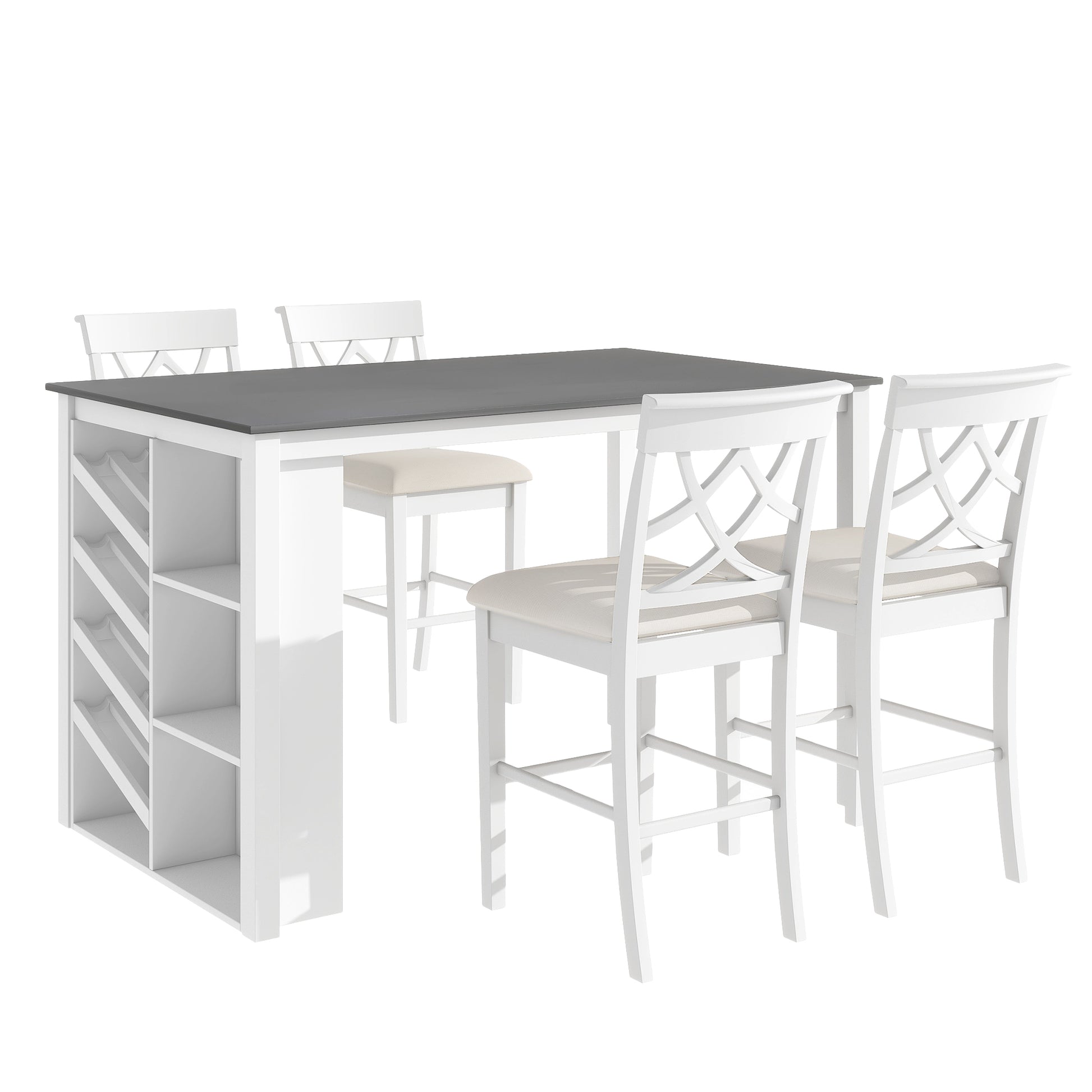 Updated Counter Height 5 Piece Solid Wood Dining Table Set, 59*35.4Inch Table With Curved Wine Rack And 4 Upholstered Chairs, White Wood Dining Room Solid Wood Rubberwood Rectangular Dining Table With Chair Wood Wood White Solid Back Seats 4 Farmhouse 4