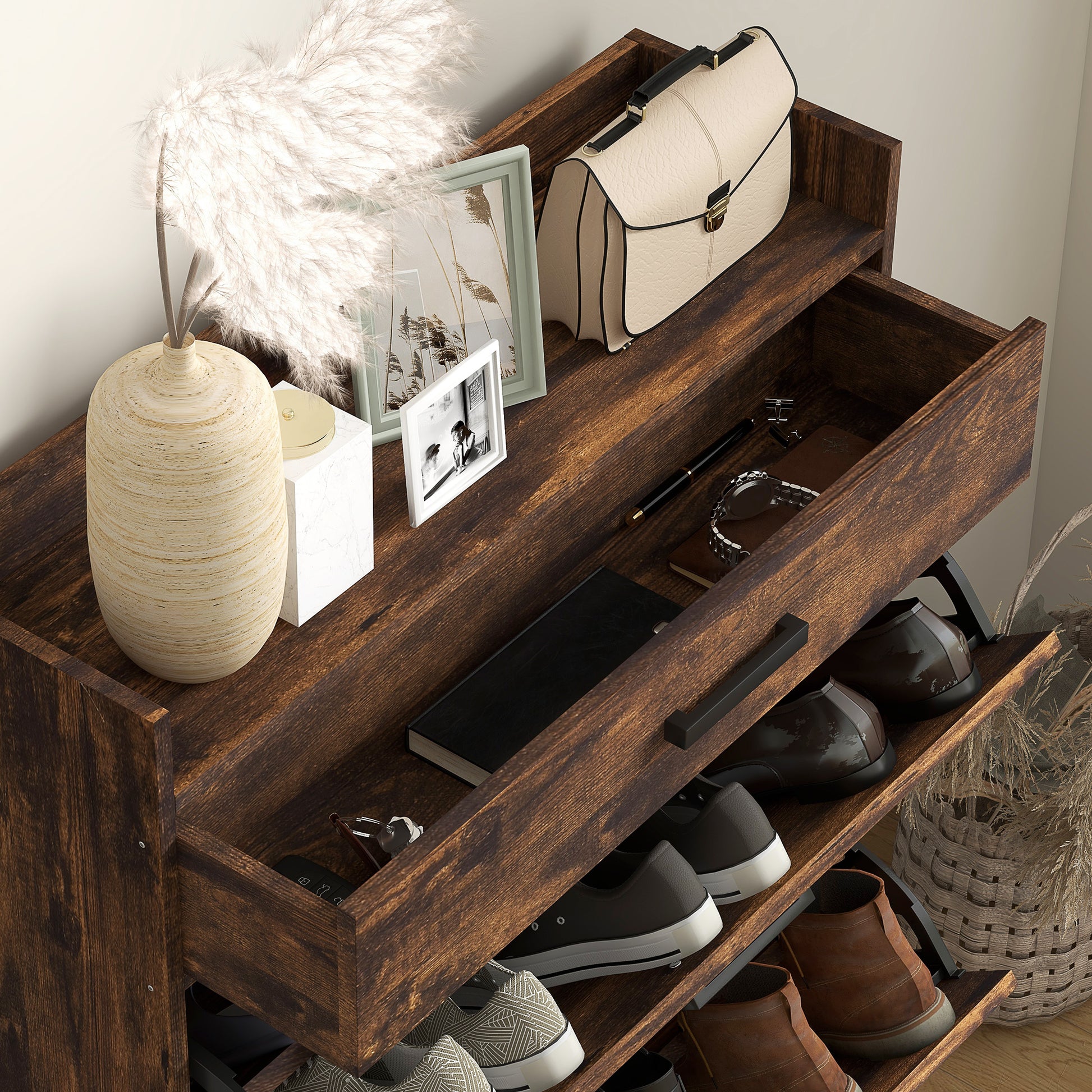 Homcom Narrow Shoe Cabinet With 2 Flip Doors And Top Drawer, Brown Rustic Brown Particle Board