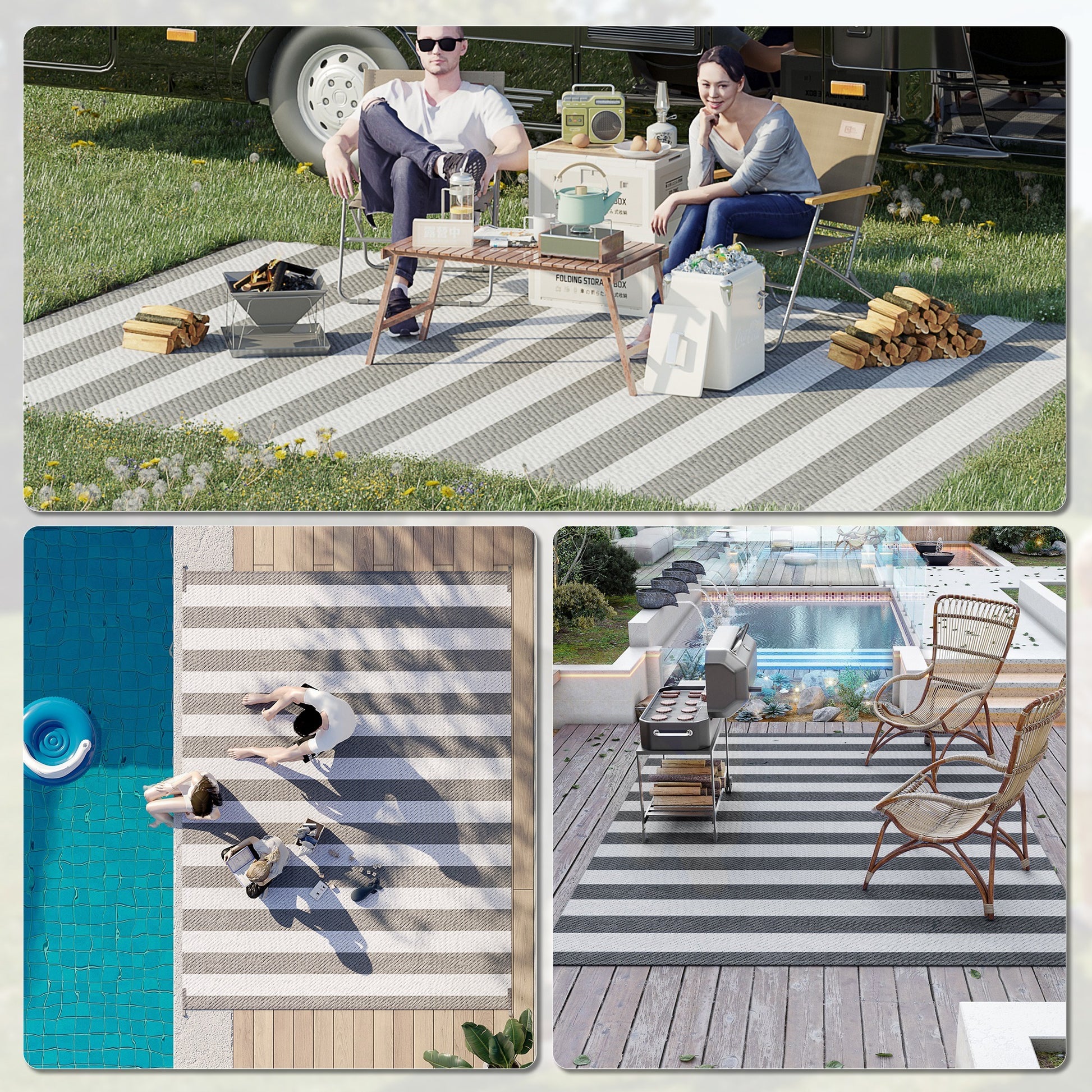 Outsunny Reversible Outdoor Rug, 9' X 12' Waterproof Plastic Straw Floor Mat, Portable Rv Camping Carpet With Carry Bag, Large Floor Mat For Backyard, Deck, Picnic, Beach, Gray & White Striped Multicolor Polypropylene