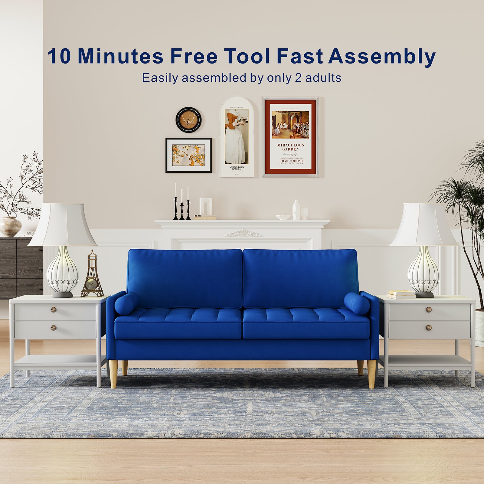 Roma 67.7'' 3 Seater Sofa Couch For Living Room, Modern Sofa,Small Couches For Small Spaces,Upholstered 3 Seater Couch For Bedroom, Apartment, Home Office, Tool Free Assembly,Blue Blue Velvet Wood