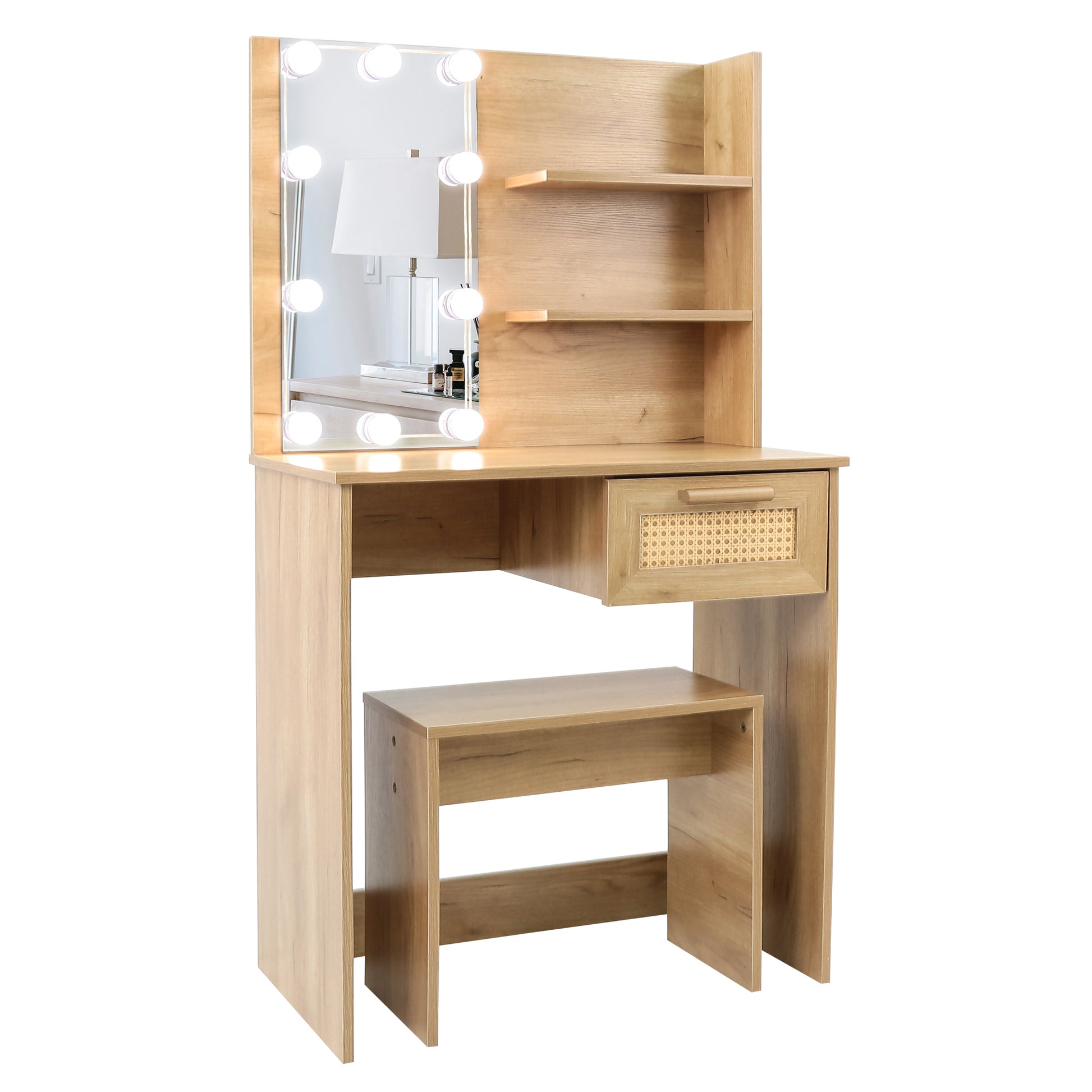 Vanity Desk Set Stool & Dressing Table With Led Lighting Mirror Drawer And Compartments Modern Wood Cosmetic Table Chest Of Drawers Nature Color Natural Wood Particle Board