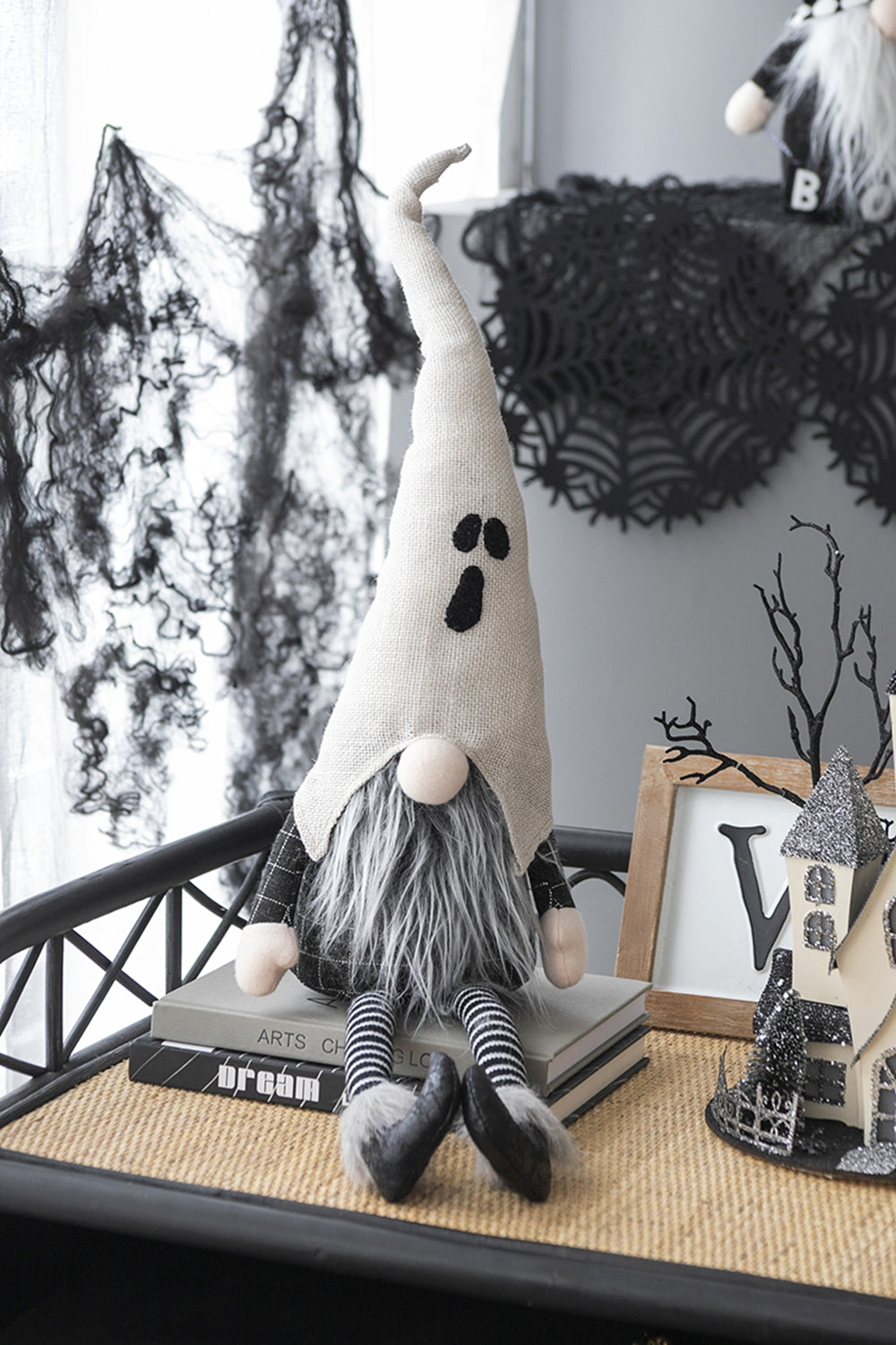 8.3X4X31.5" Fabric Sitting Gnome W White Ghost Hat, For Halloween Decor Black White Polyester