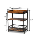 32.6'' Tall Industrial Style Rolling Kitchen Island Wine Cart With Black Finished, Fir Wood Mobile Metal Wine Bar Cart With Glass Rack, Oak Brown Dark Oak Brown Dining Room Industrial Rectangular Kitchen Carts Fir Solid Wood Small Less Than 40In