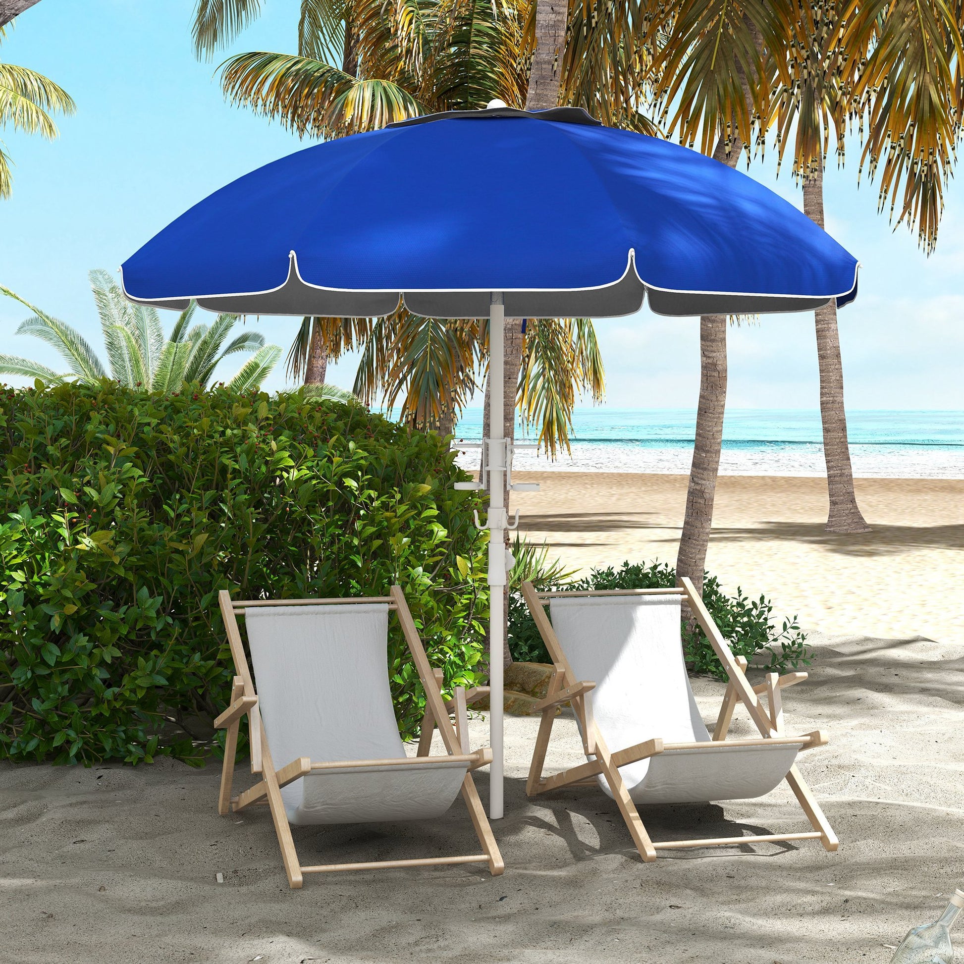 Outsunny 5.7' Portable Beach Umbrella With Tilt, Adjustable Height, 2 Cup Holders & Hooks, Uv 40 Ruffled Outdoor Umbrella With Vented Canopy, Blue Blue Polyester