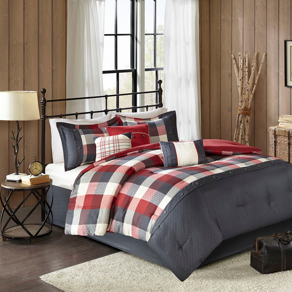 7 Piece Herringbone Comforter Set Red King King Red Polyester