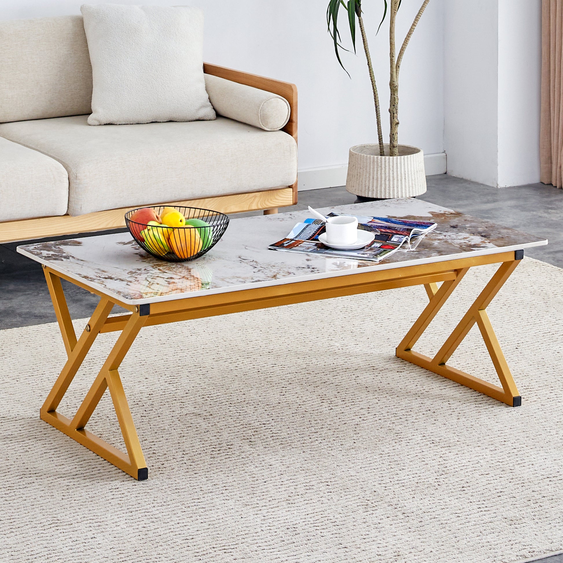 A Modern Minimalist Style Marble Patterned Coffee Table With Golden Metal Legs. Computer Desk. Game Table. Tea Table. Ct Xx Gold Sintered Stone
