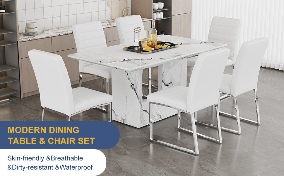 Table And Chair Set.63"X35.4" White Marble Patterned Mdf Dining Table Set With 6 Armless White Pu Chairs.The Backrest Of The Dining Chair Is Designed With Multiple Horizontal Stripes. White Seats 6