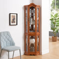 Curio Cabinet Lighted Glass Display Curio Cabinet W Tempered Glass Doors And Shelves, Crown Corner Cabinet With Bulb, Corner Storage Decoration For Living Room And Bedroom Oak Oak Mdf