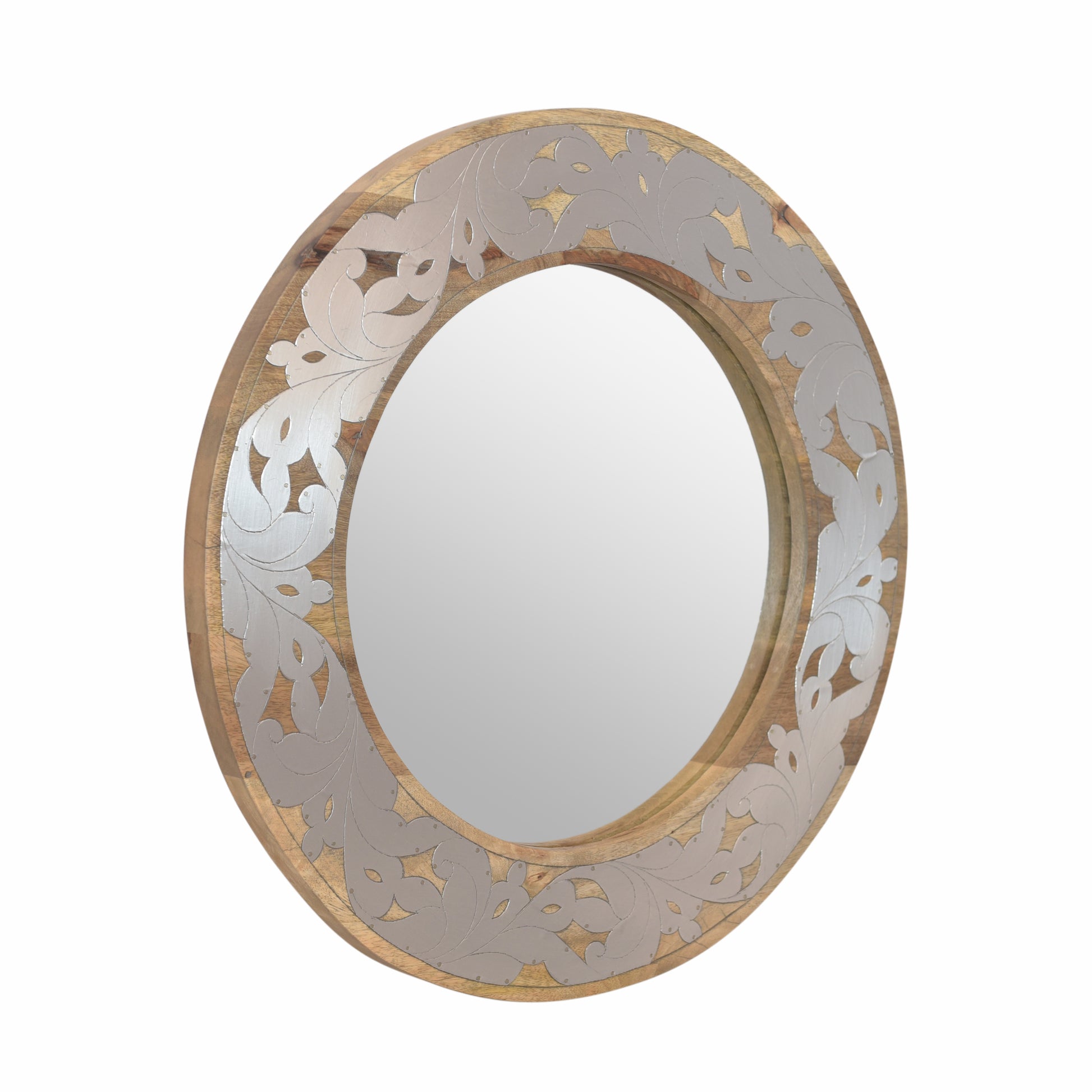 Mango Wood Aluminium Fitted Round Mirror Natural Wood