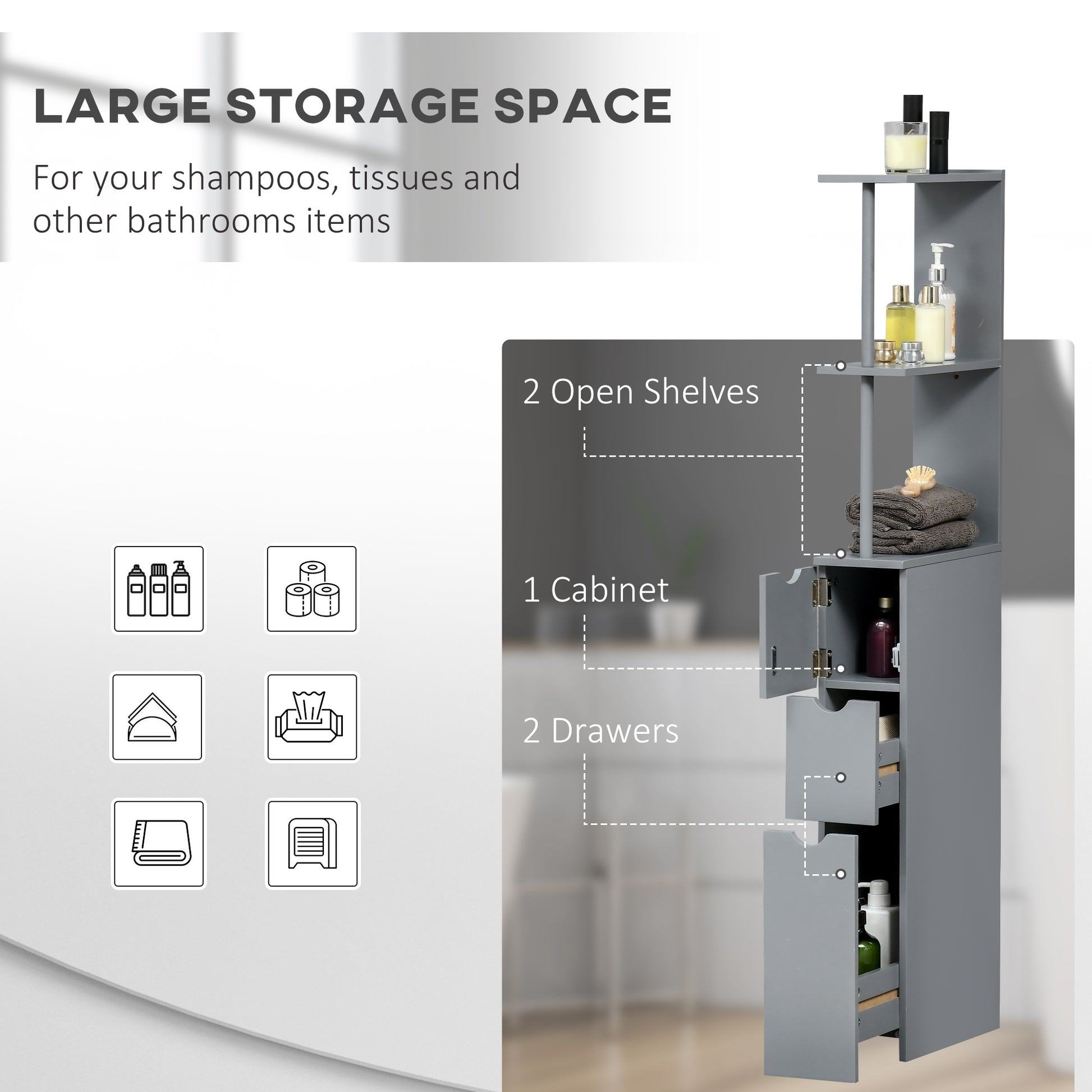 Homcom 54" Tall Bathroom Storage Cabinet, Freestanding Linen Tower With 2 Tier Shelf And Drawers, Narrow Side Floor Organizer, Grey Grey Mdf