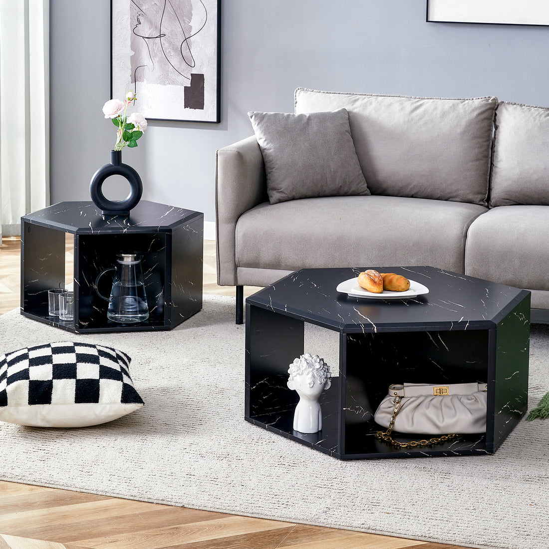 Modern Minimalist Black Hexagonal Coffee Table Set.Hexagonal Mdf Coffee Table, Characteristic Pattern Stickers, Multi Hole Design To Give More Storage Space.Two Coffee Tables Of Different Sizes.