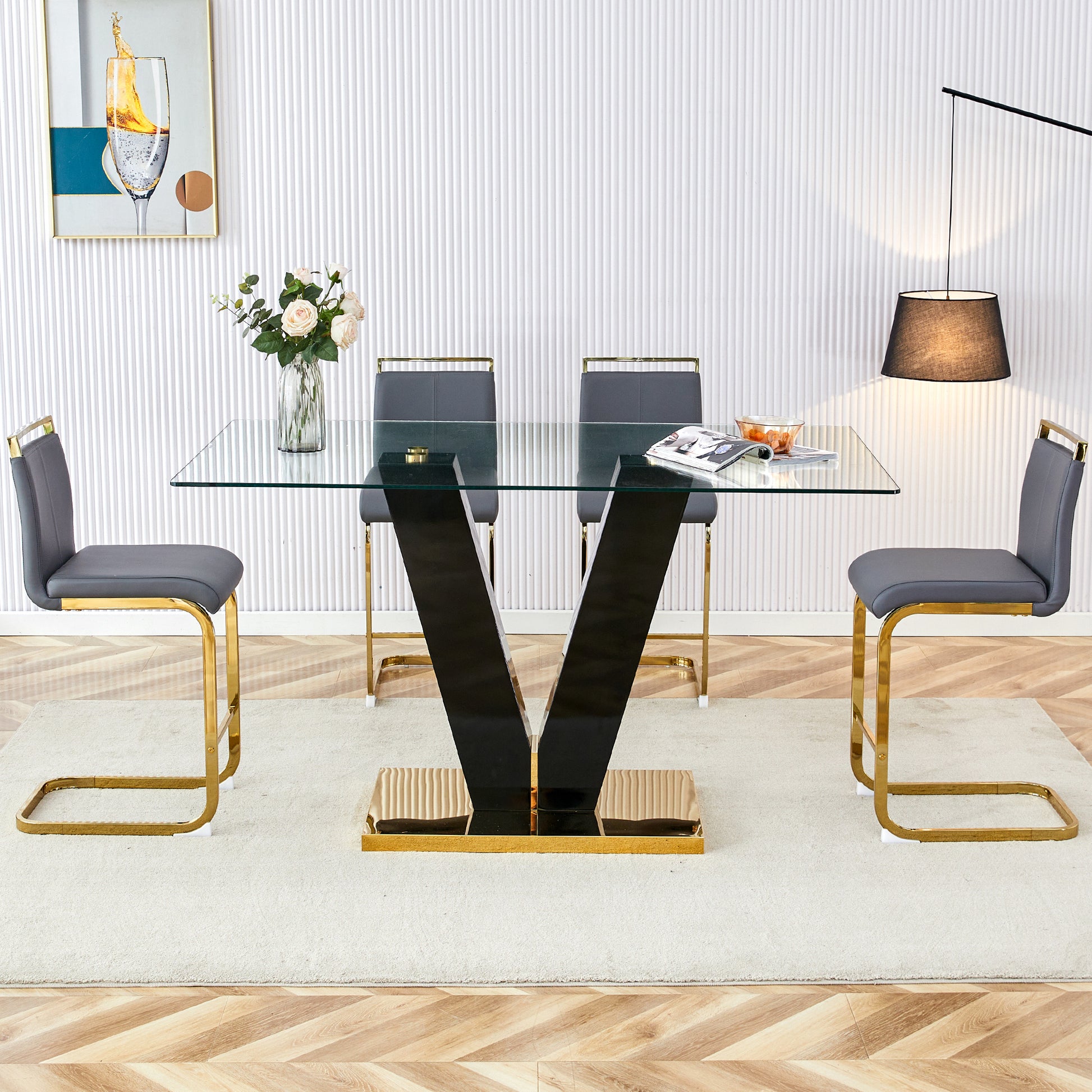 Table And Chair Set,Large Modern Minimalist Rectangular Glass Dining Table For 4 8 With 0.4" Tempered Glass Tabletop And Mdf Slab V Shaped Bracket, Pu And Gold Legs Of The Chair. Black Grey Seats 4 Tempered Glass