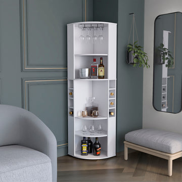 Oban Corner Bar Cabinet With Five Shelveseight Bottle Cubbies And Steamware White Primary Living Space Modern Shelves Included Particle Board