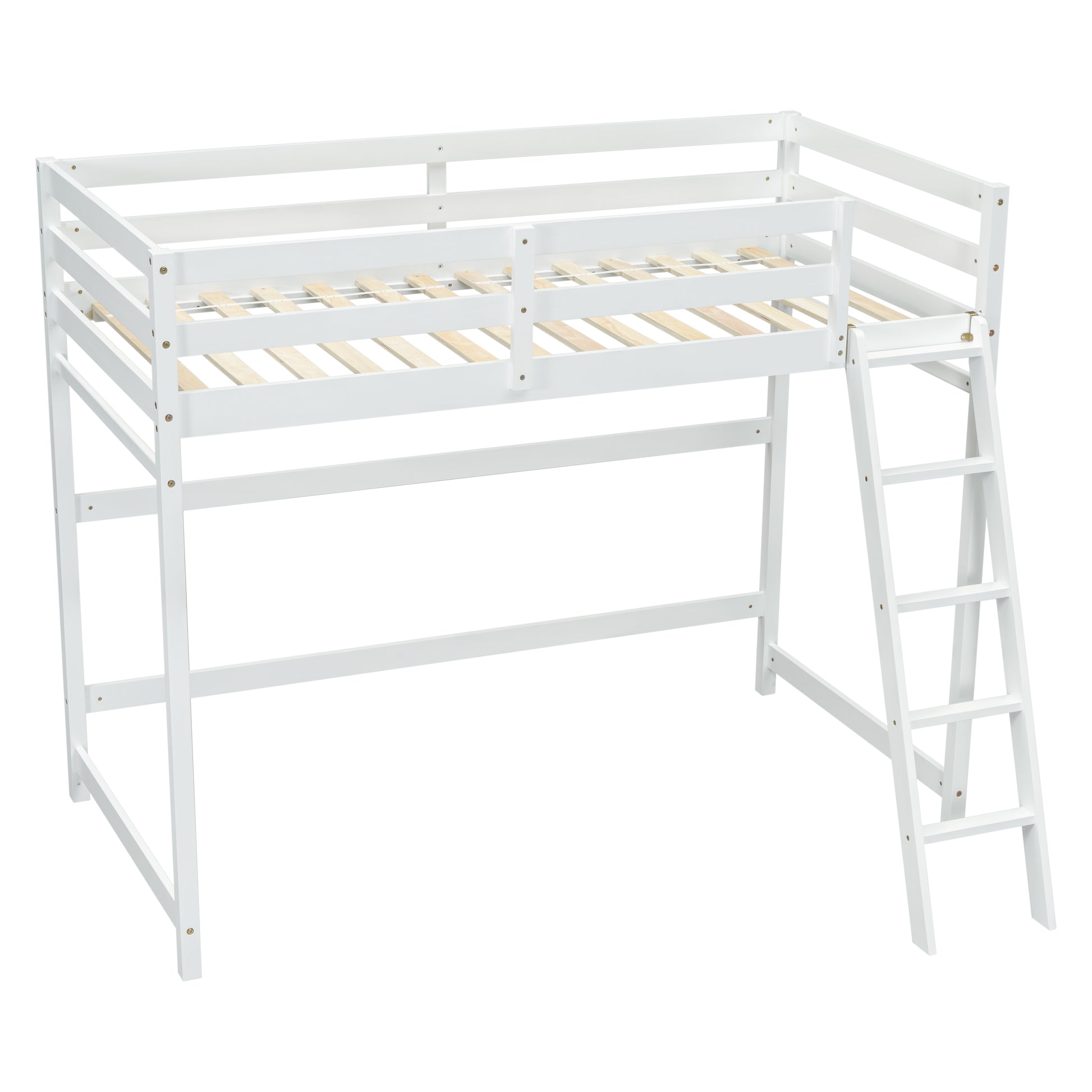 Twin Size High Loft Bed With Inclined Ladder, Guardrails,White Twin White American Design Pine