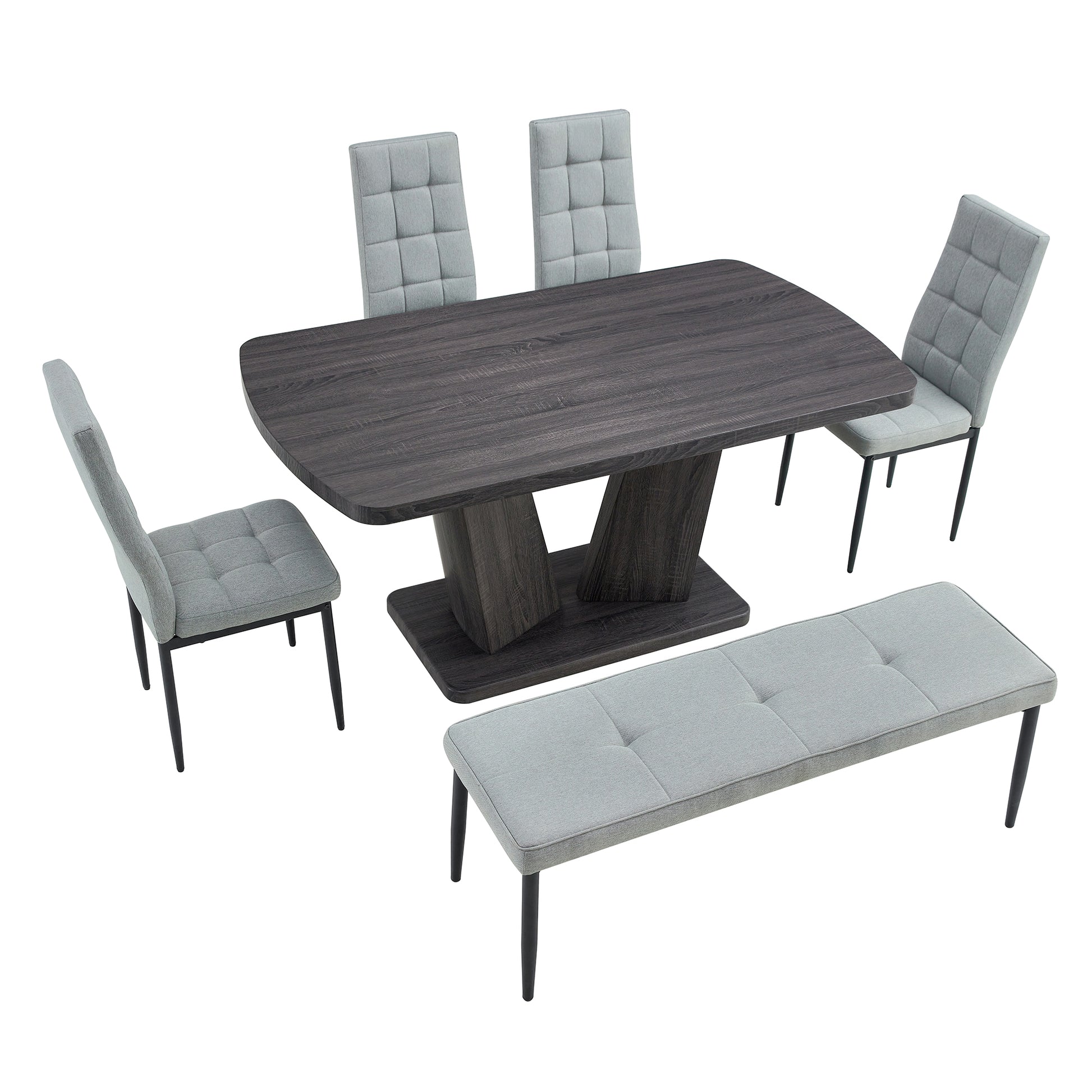 63" Modern Style 6 Piece Dining Table With 4 Chairs & 1 Bench, Table With Wood Veneers Tabletop And V Shaped Table Legs Metal Grey Modern Rectangular Mdf Mdf