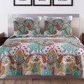 3 Piece King Size Cotton Quilt Set With Paisley Print, Teal Blue Blue Fabric