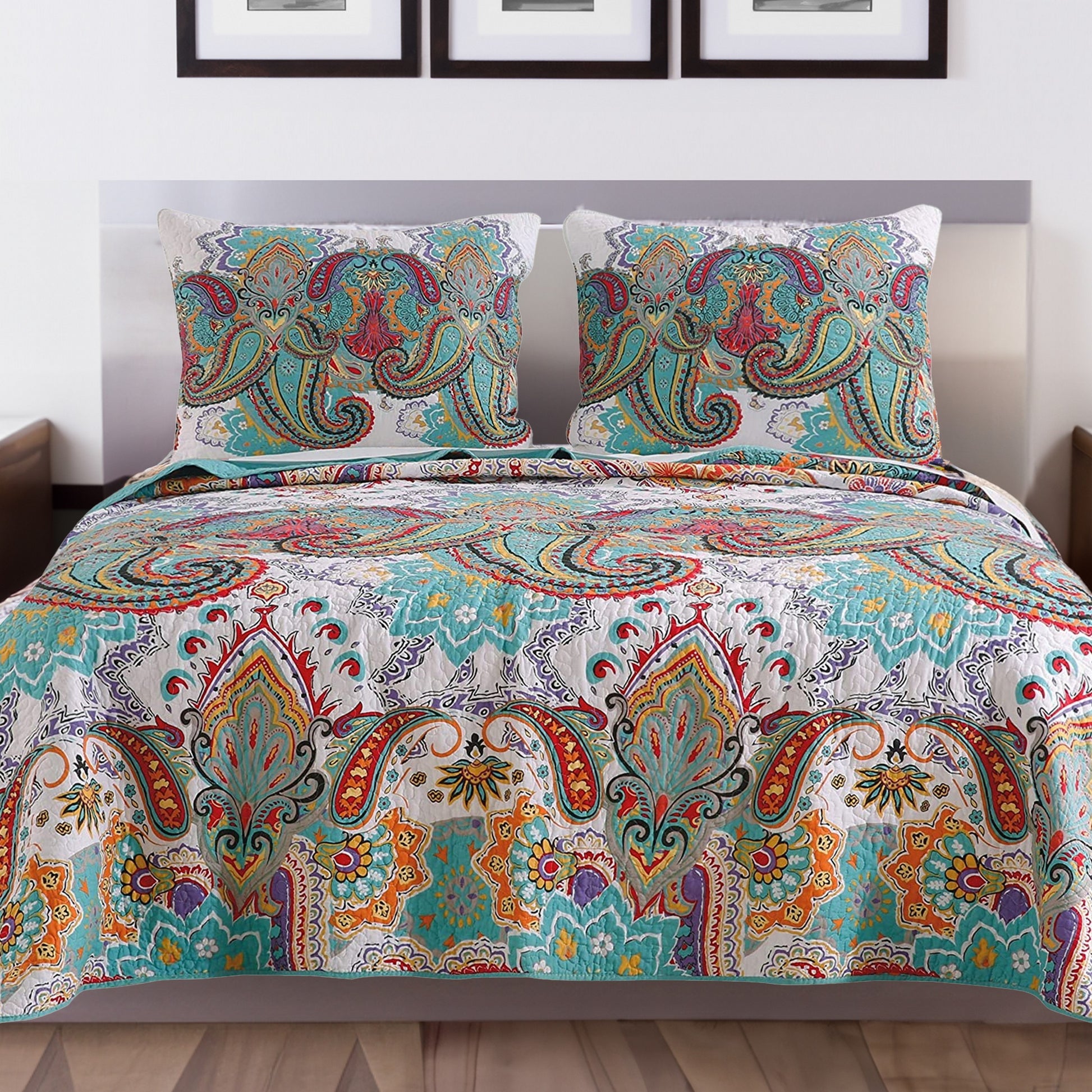 3 Piece King Size Cotton Quilt Set With Paisley Print, Teal Blue Blue Fabric