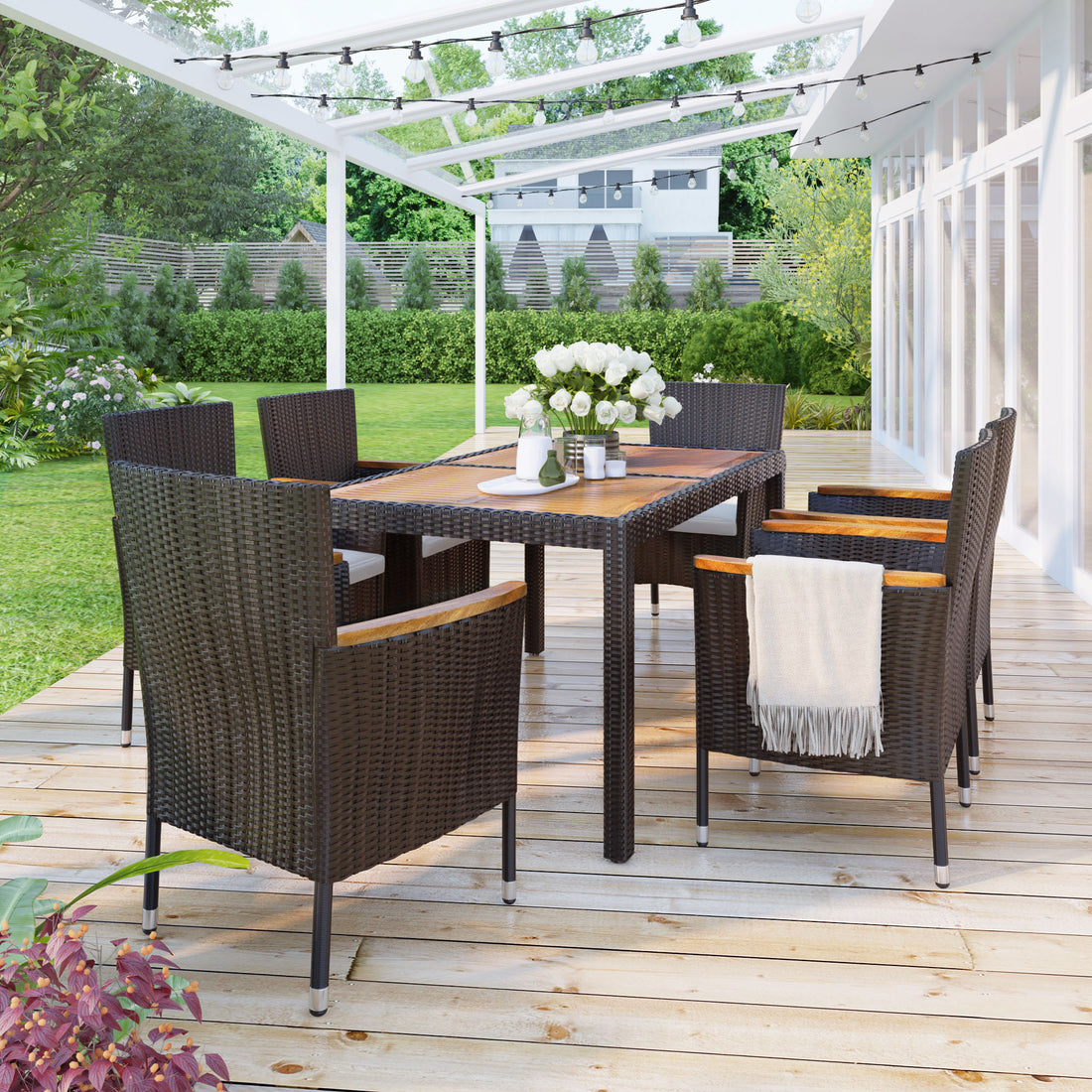 7 Piece Outdoor Patio Dining Set, Garden Pe Rattan Wicker Dining Table And Chairs Set, Acacia Wood Tabletop, Stackable Armrest Chairs With Cushions, Brown Yes Dining Set Brown Garden & Outdoor Multiple Chairs Seating Group Wicker Wicker