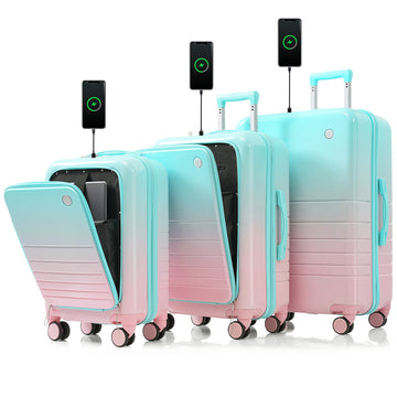 Luggage Set Of 3, 20, 24, 28Inch With Usb Port, 20, 24Inch With Front Opening Design Airline Certified Carry On Luggage With Cup Holder, Abs Pc Hard Shell Luggage With Spinner Wheels, Light Blue