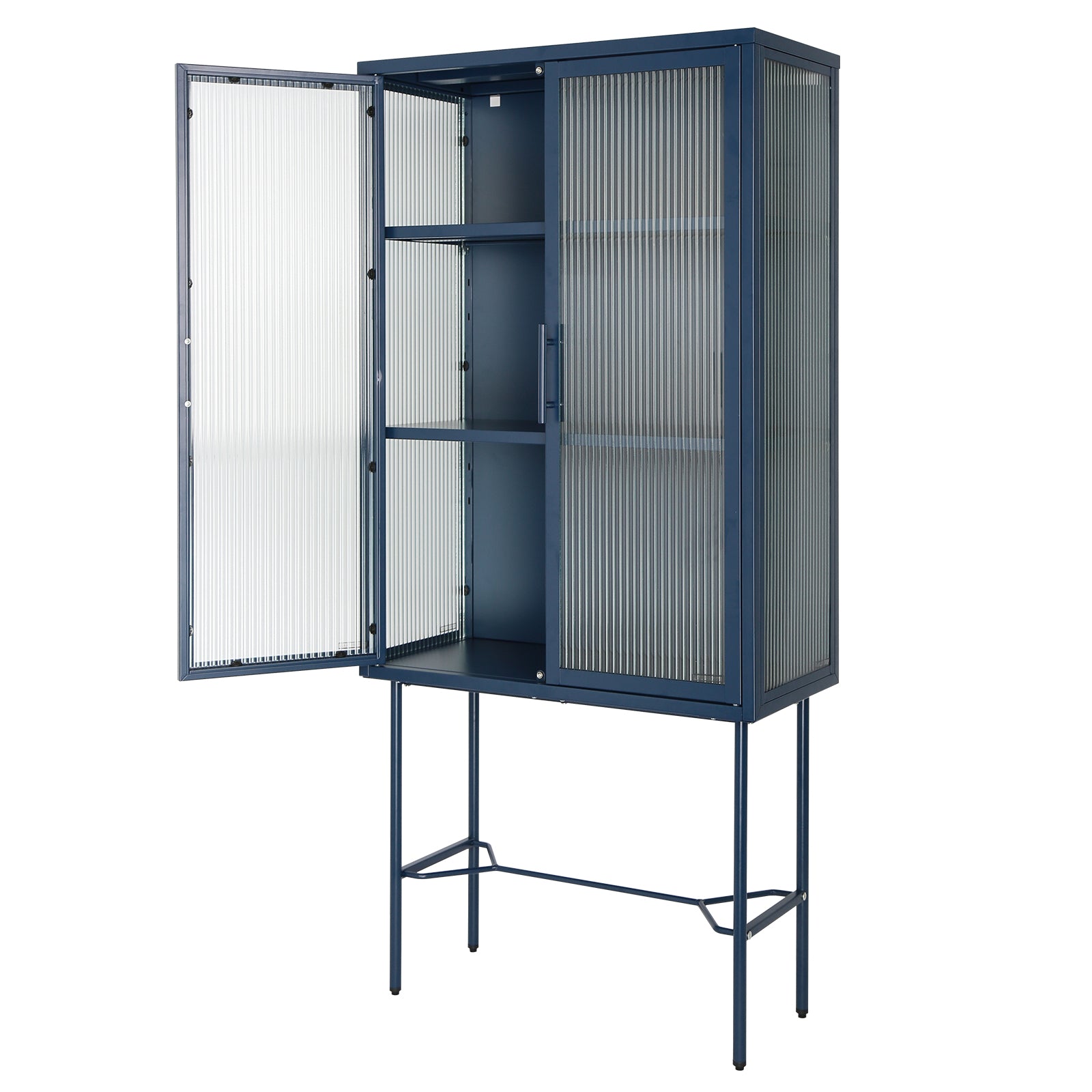 Elegant Floor Cabinet With 2 Glass Doors Living Room Display Cabinet With Adjustable Shelves Anti Tip Dust Free Easy Assembly Blue Color Old Sku:W68766570 Blue Steel