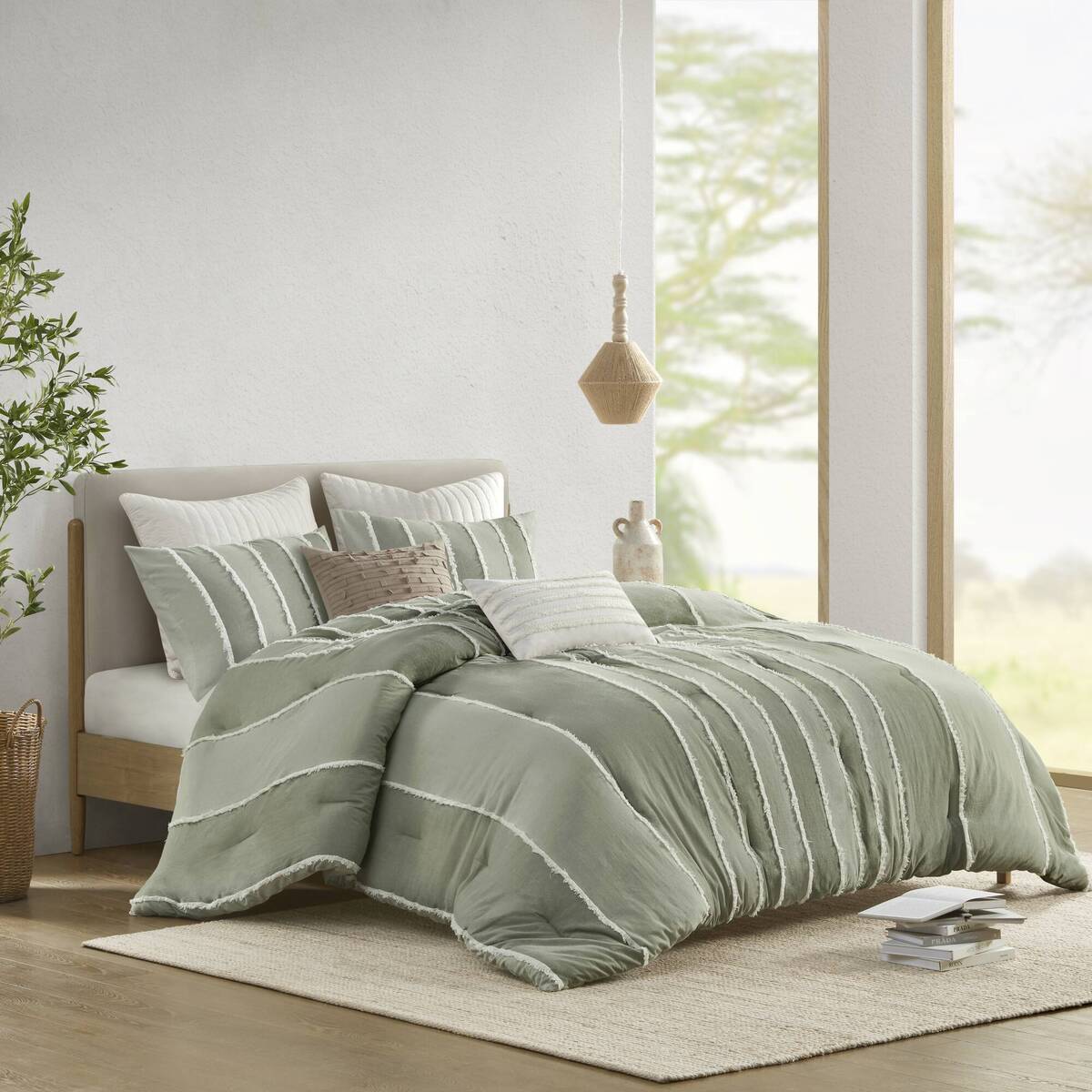 3 Piece Striped Cotton Comforter Set Sage King Cal King Sage Cotton
