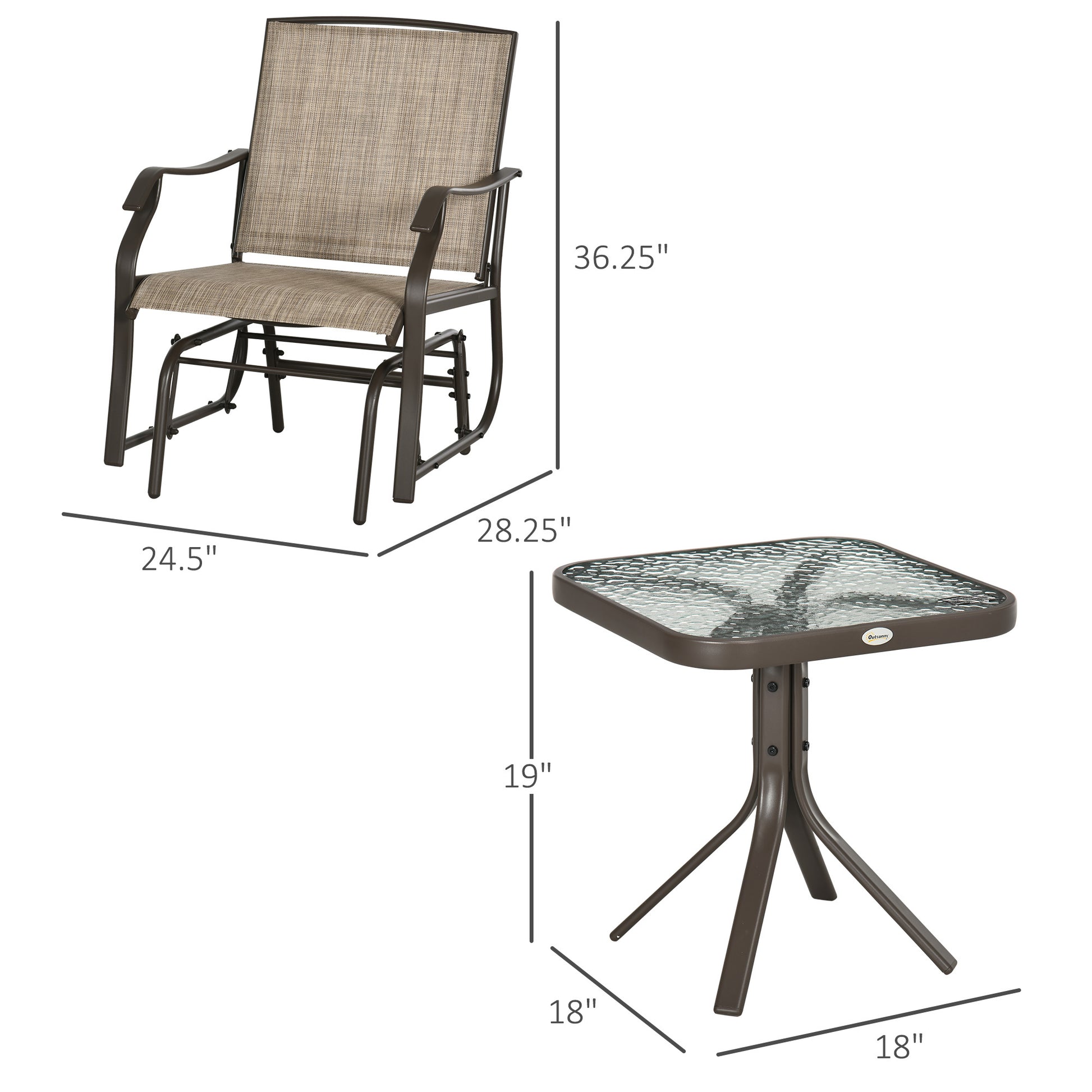 Outsunny 3 Piece Outdoor Glider Chair With Coffee Table Bistro Set, 2 Patio Rocking Swing Chairs Withsling Fabric, Glass Tabletop, For Backyard, Garden And Porch, Mixed Brown Brown Fabric Metal