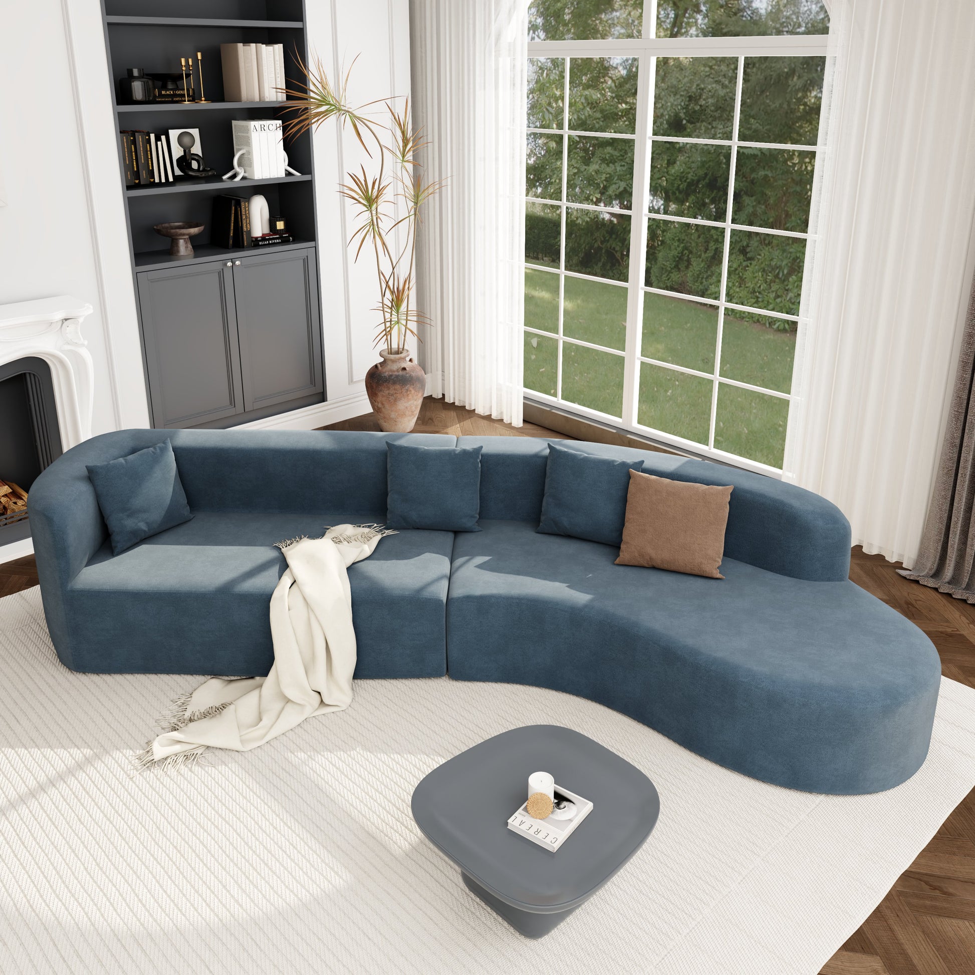 Modern Large 2 Piece Sectional Sofa With 3 Pillows,For Living Room, Bedroom Blue Polyester 2 Seat