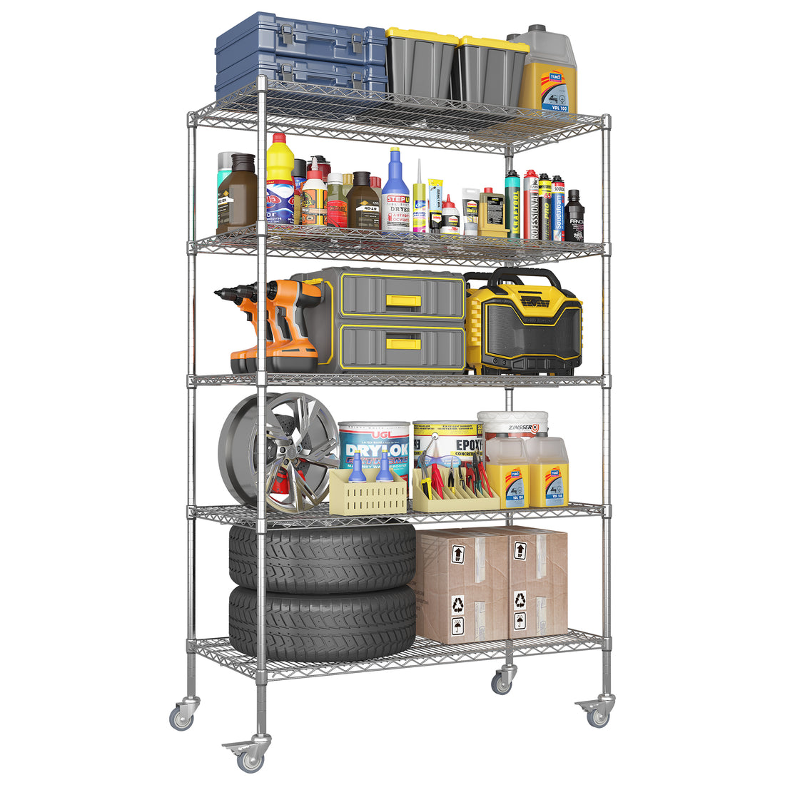 72" H Metal Large Storage Shelves With Wheels, Metal Shelving With Chrome, Adjustable 5 Tier Sturdy Metal Shelves For Storage Shelving,Kitchen,Garage 5 Silver Primary Living Space Metal Modern