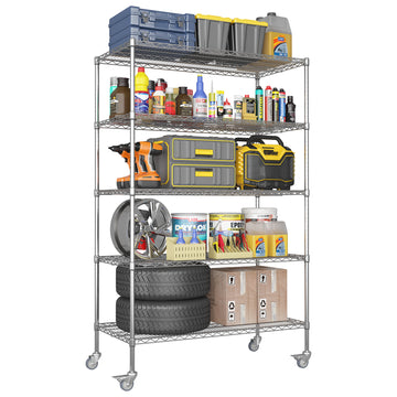 72" H Metal Large Storage Shelves With Wheels, Metal Shelving With Chrome, Adjustable 5 Tier Sturdy Metal Shelves For Storage Shelving,Kitchen,Garage 5 Silver Primary Living Space Metal Modern