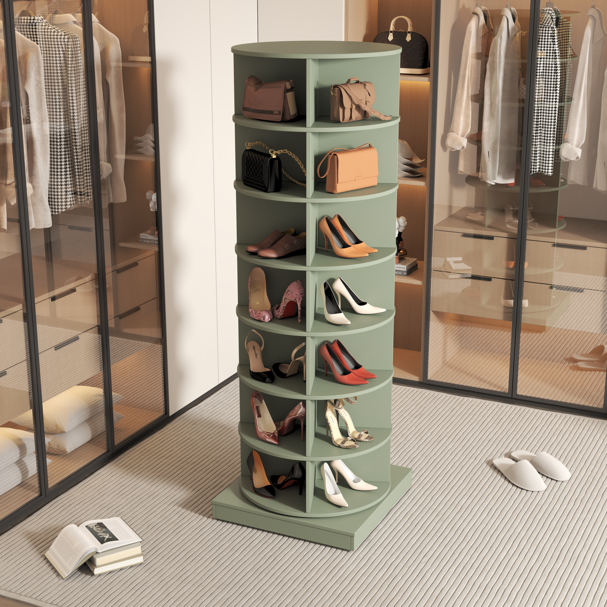 Green 360 Rotating Shoe Cabinet 7 Layers Round Green Primary Living Space Wood Shelves American Design,American Traditional,Antique Melamine