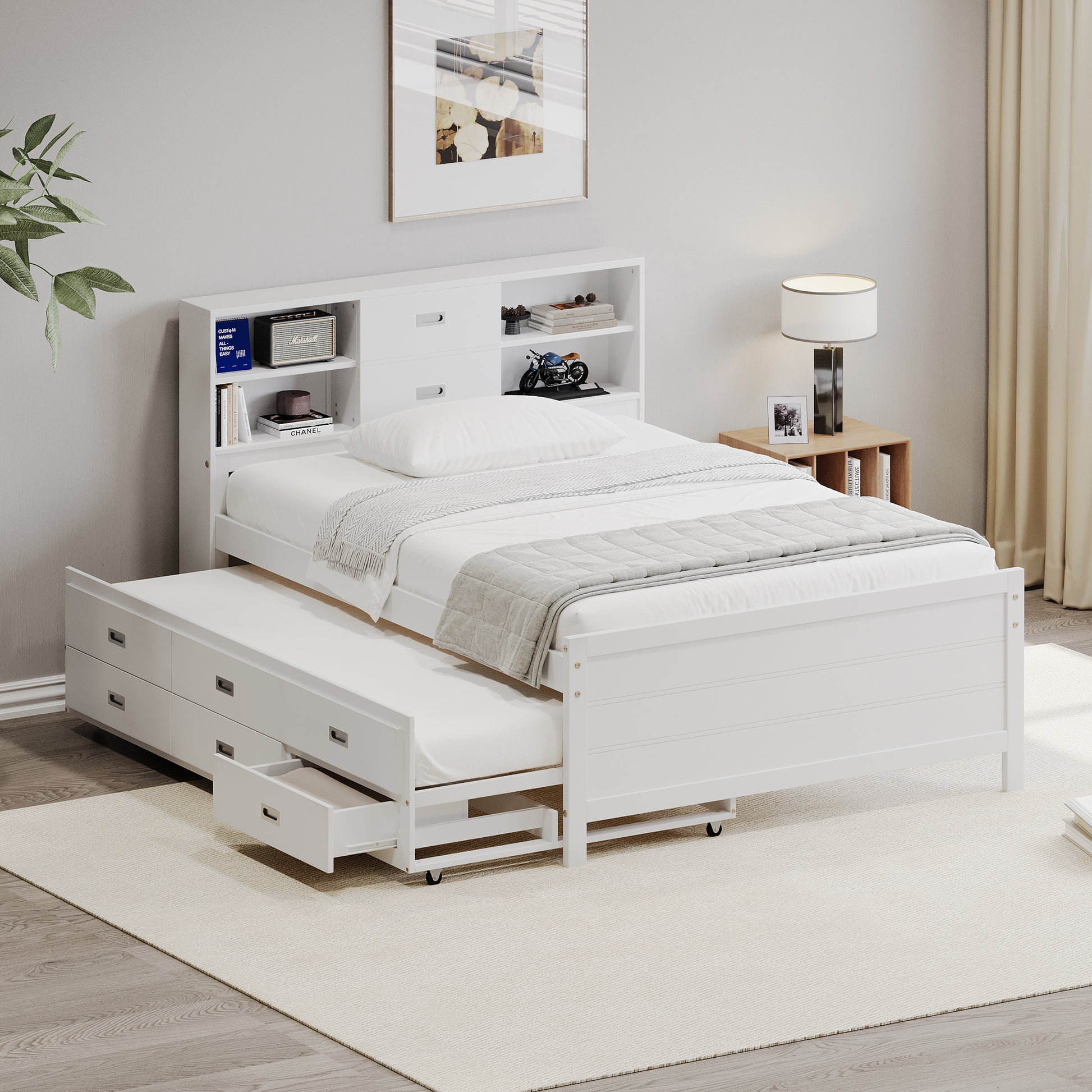 Twin Size Captain Bed With Storage Bookcase Headboard,Captain Bed With Trundle And Three Storage Drawers For Kids Teens Dorm Bedroom Multipurpose Guest Room Or Home, White Box Spring Not Required Twin White Wood Solid Wood Mdf